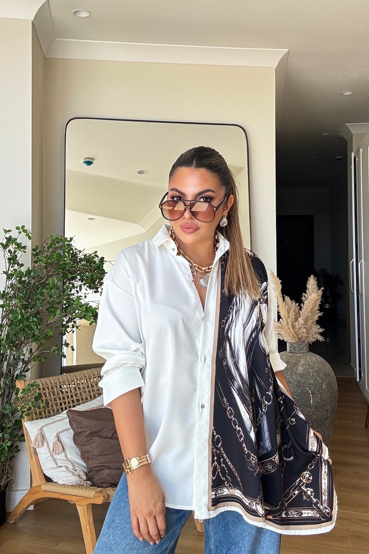 Tasarım Marka Model Beyaz At Baskılı Gömlek Ekru