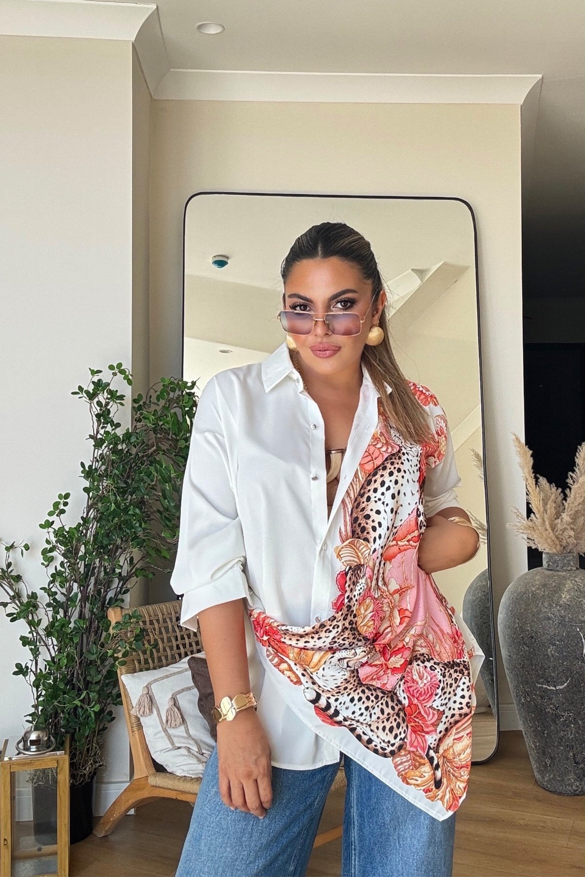 Tasarım Marka Model Leopar Baskılı Gömlek somon ekru