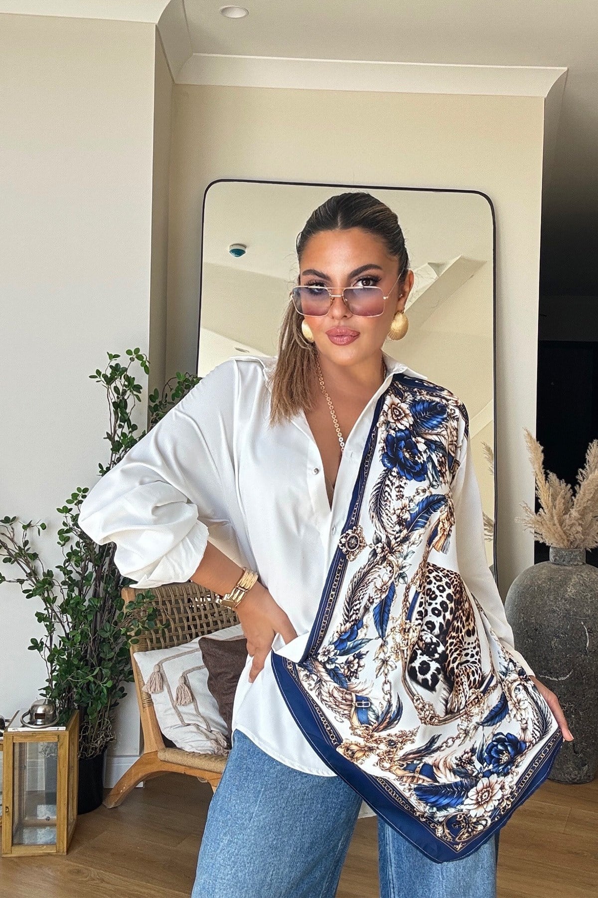 Tasarım Marka Model Leopar Baskılı Gömlek Saks Mavi-Ekru