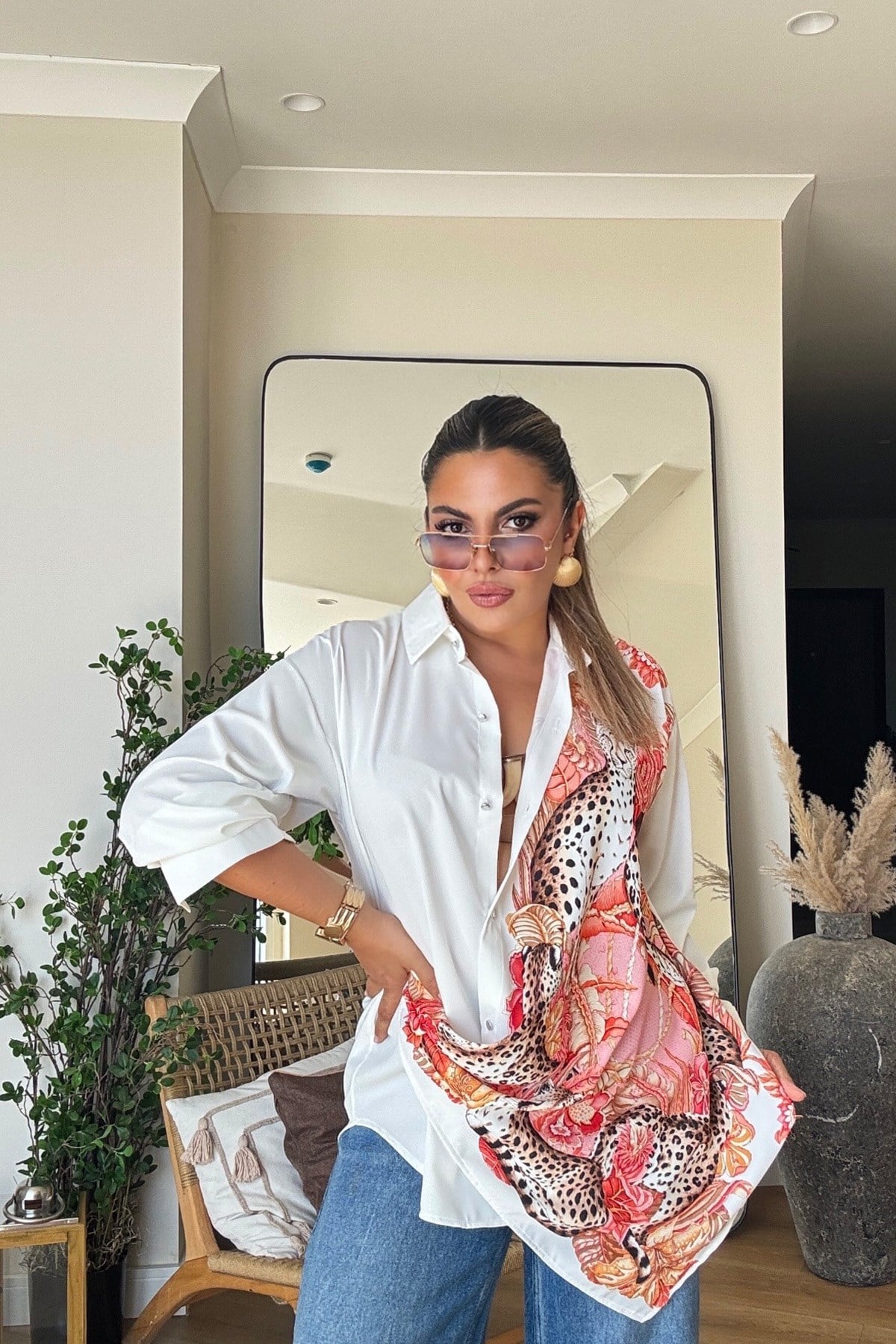 Tasarım Marka Model Leopar Baskılı Gömlek somon ekru