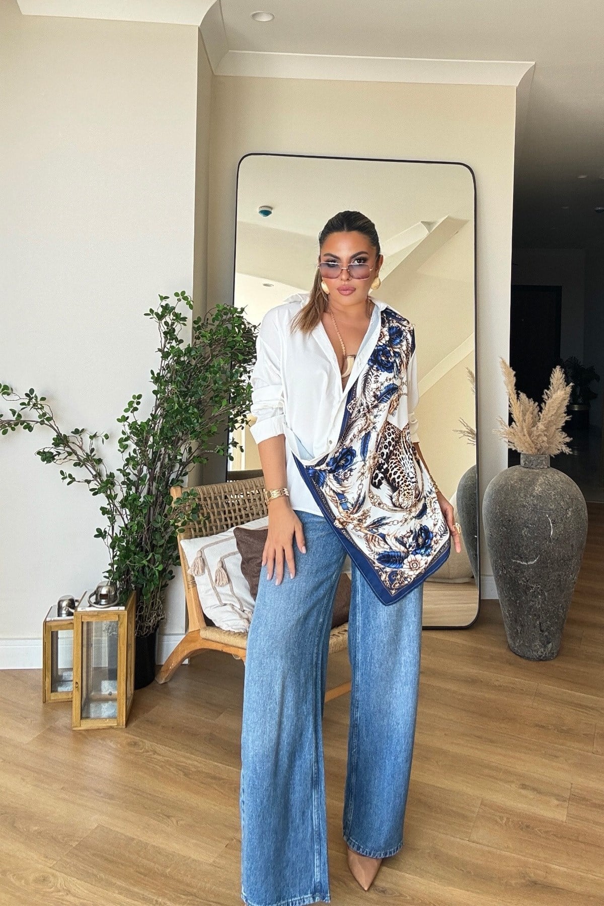 Tasarım Marka Model Leopar Baskılı Gömlek Saks Mavi-Ekru