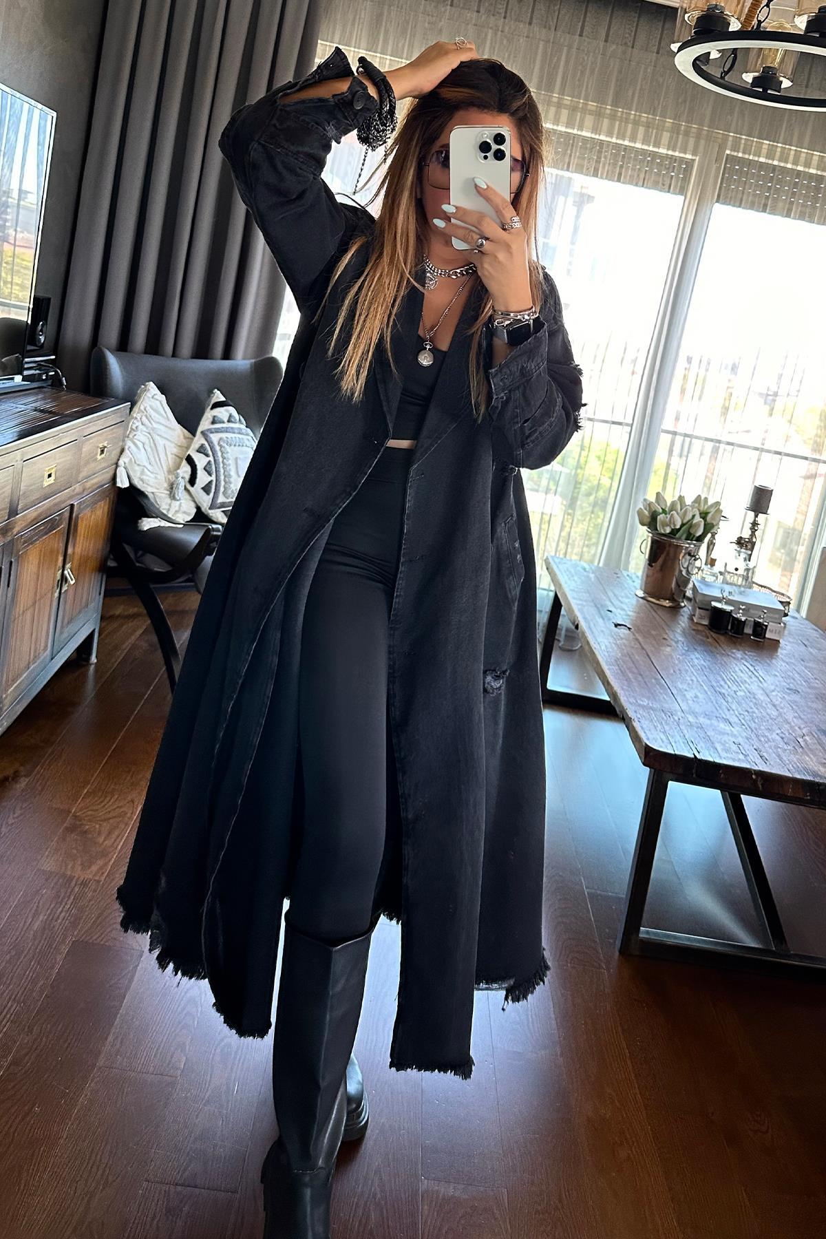 Tasarım Oversize Jean Trenchcoat Siyah