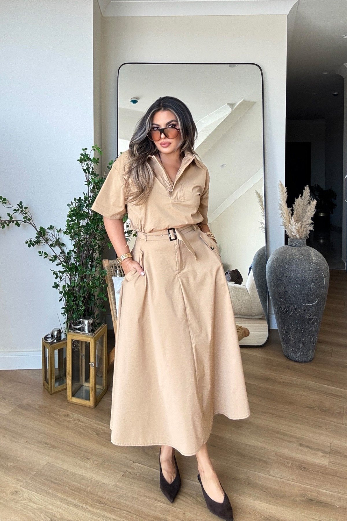 Tasarım Poplin Kumaş Etek Bluz Takım Camel