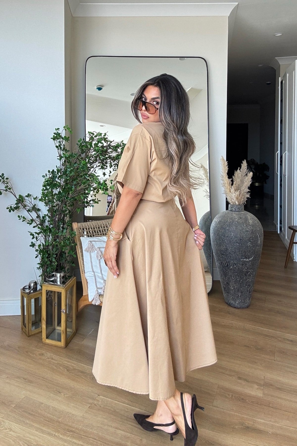 Tasarım Poplin Kumaş Etek Bluz Takım Camel