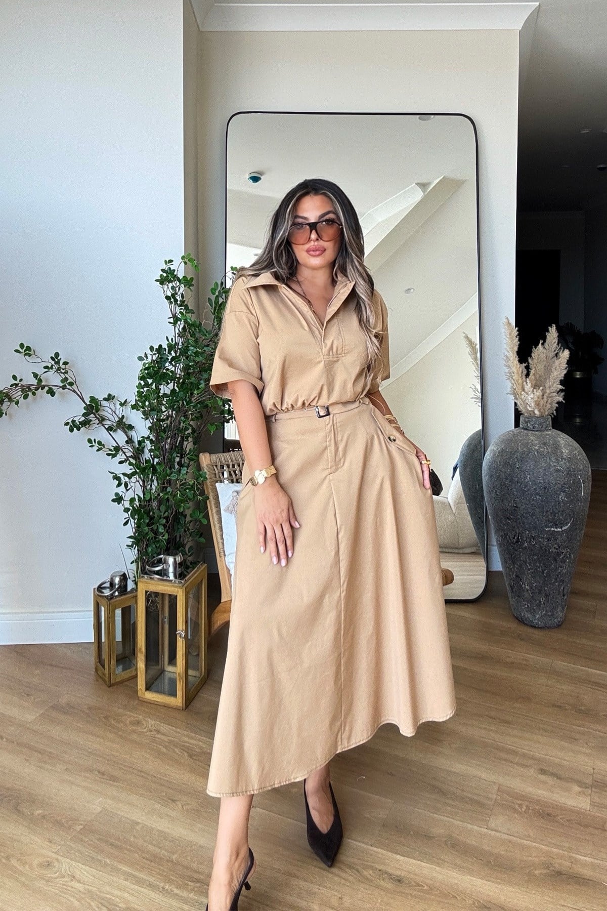 Tasarım Poplin Kumaş Etek Bluz Takım Camel