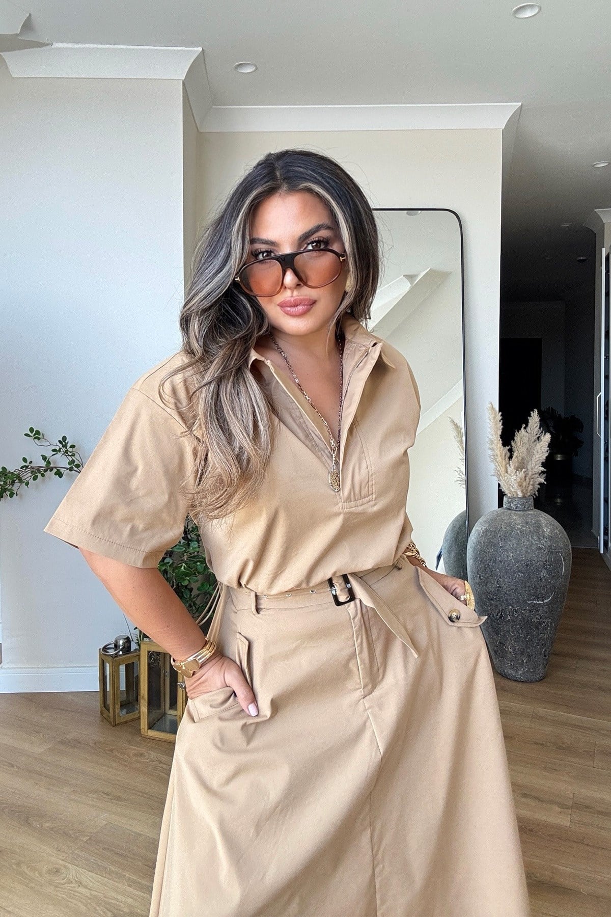 Tasarım Poplin Kumaş Etek Bluz Takım Camel