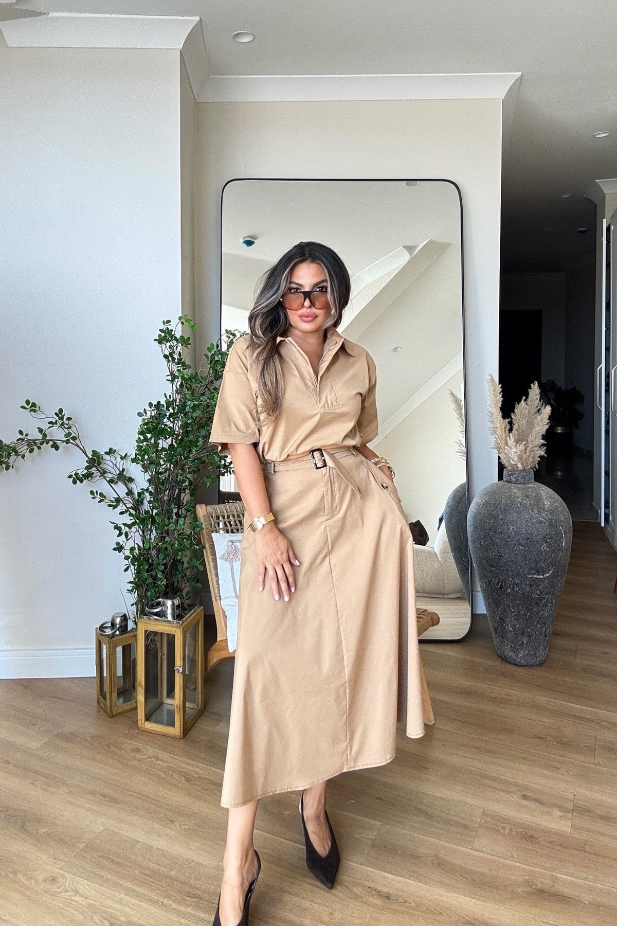 Tasarım Poplin Kumaş Etek Bluz Takım Camel