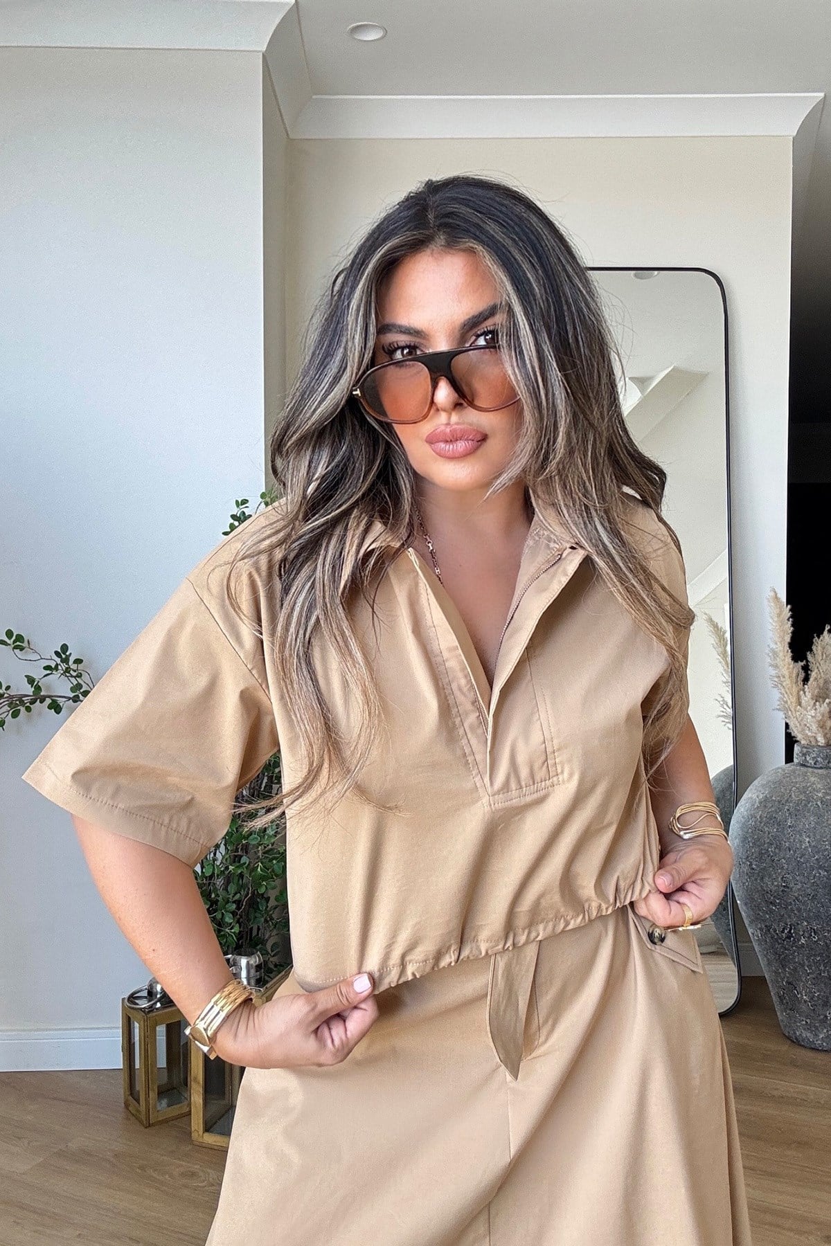 Tasarım Poplin Kumaş Etek Bluz Takım Camel