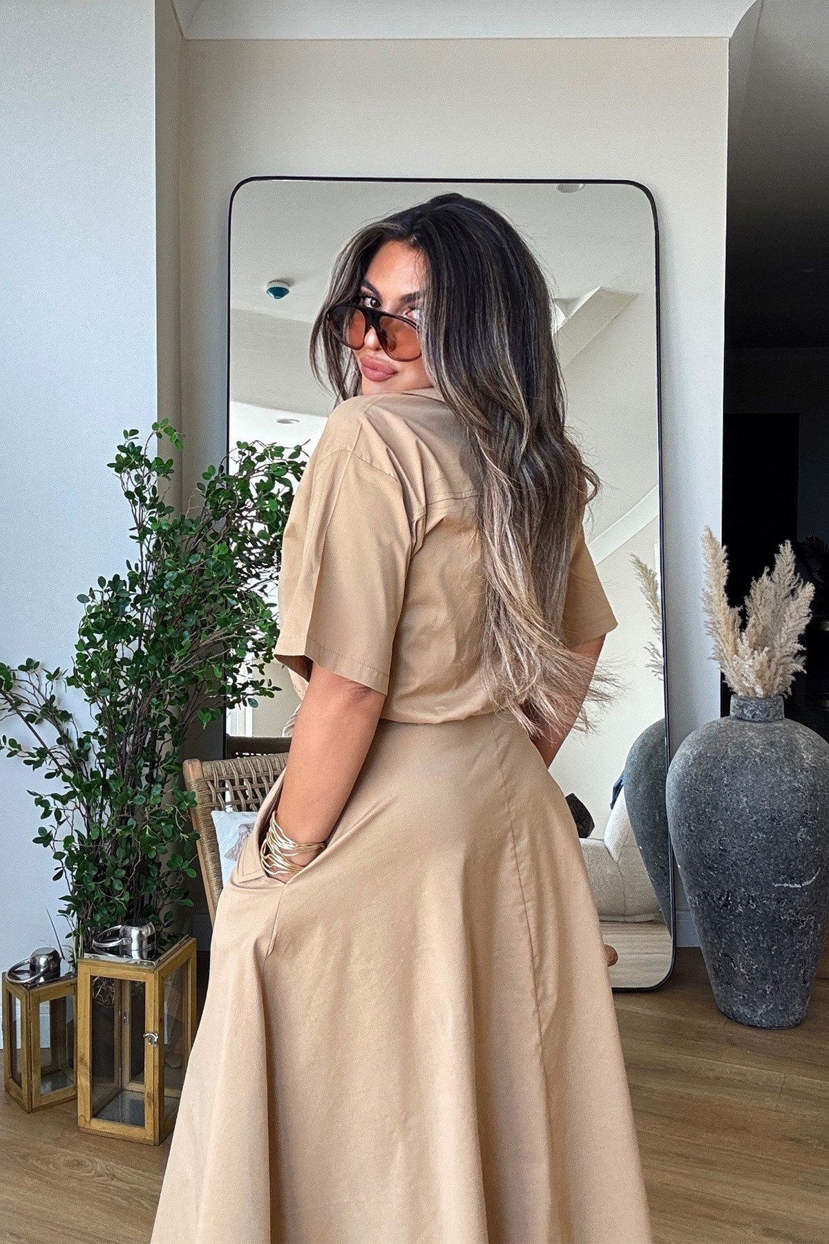 Tasarım Poplin Kumaş Etek Bluz Takım Camel