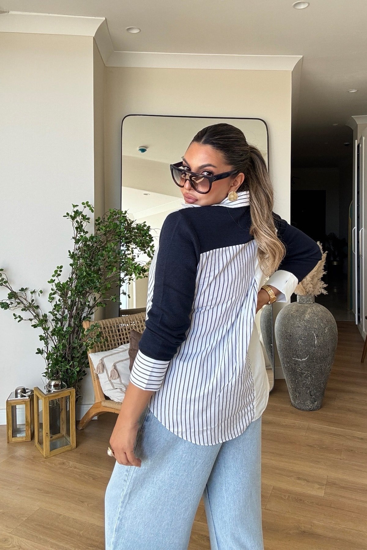 Tasarım Soft Touch Garnili Çizgili Gömlek Lacivert
