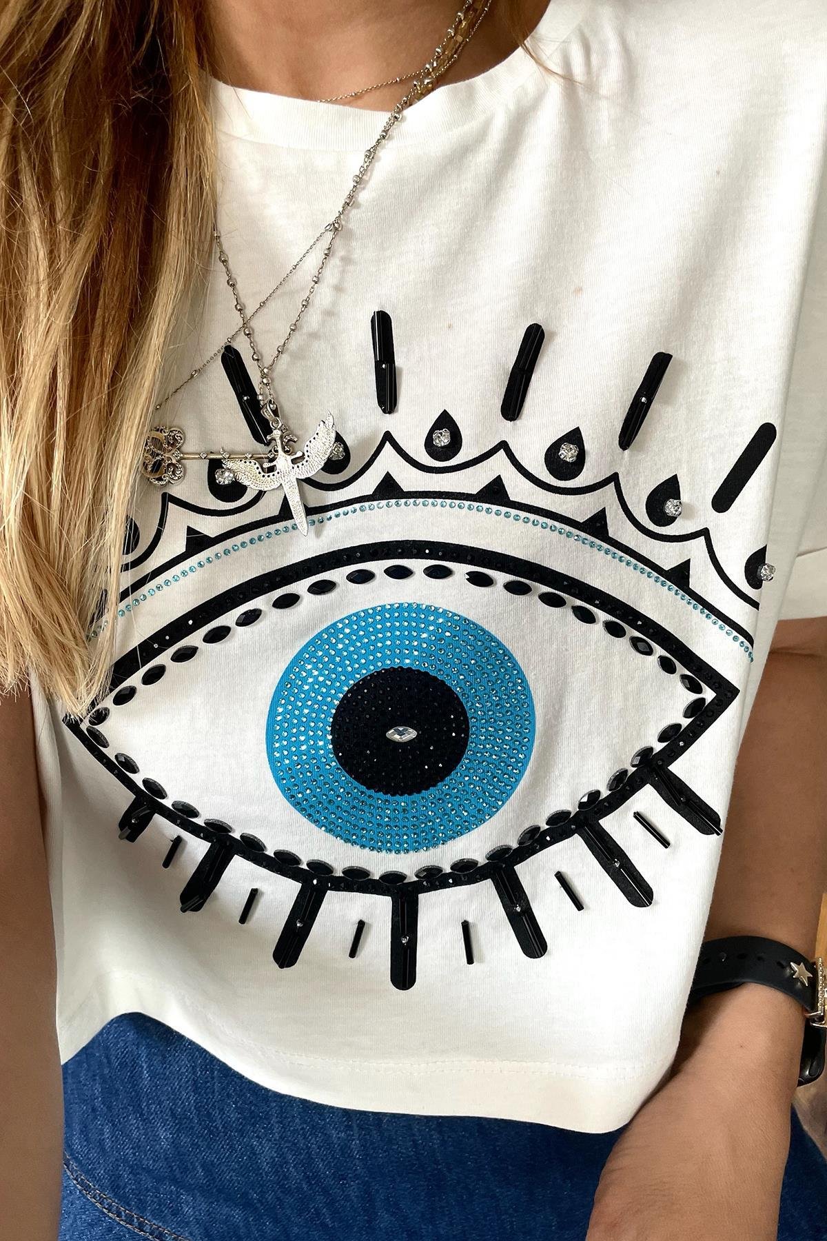 Taşlı Göz Tshirt Ekru