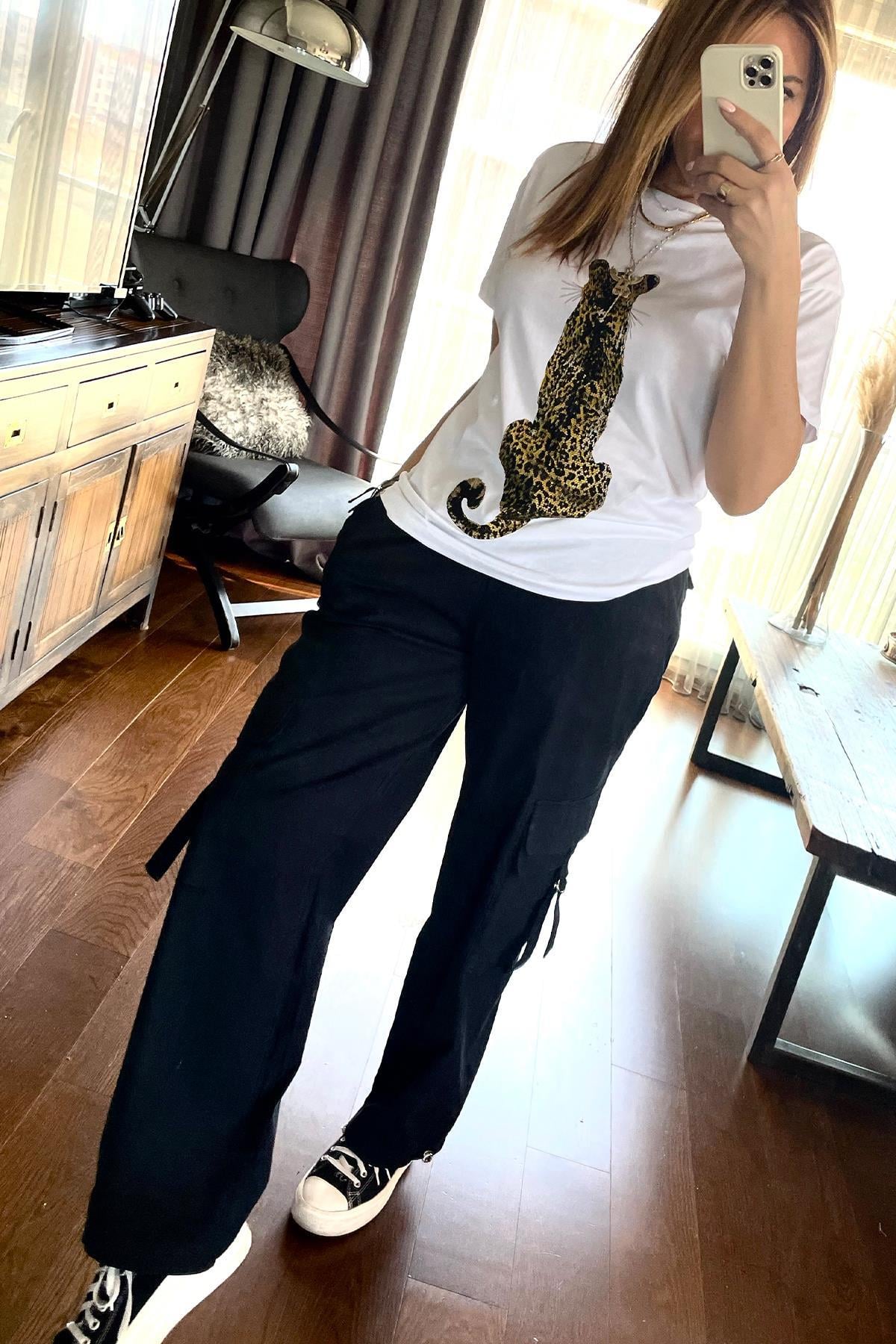 Taşlı Kaplan Baskılı Tshirt Beyaz