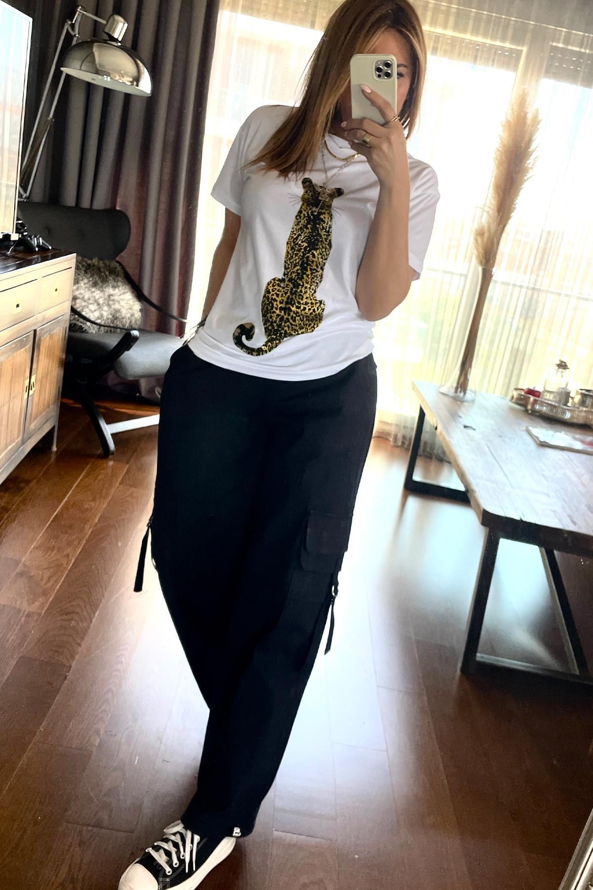 Taşlı Kaplan Baskılı Tshirt Beyaz