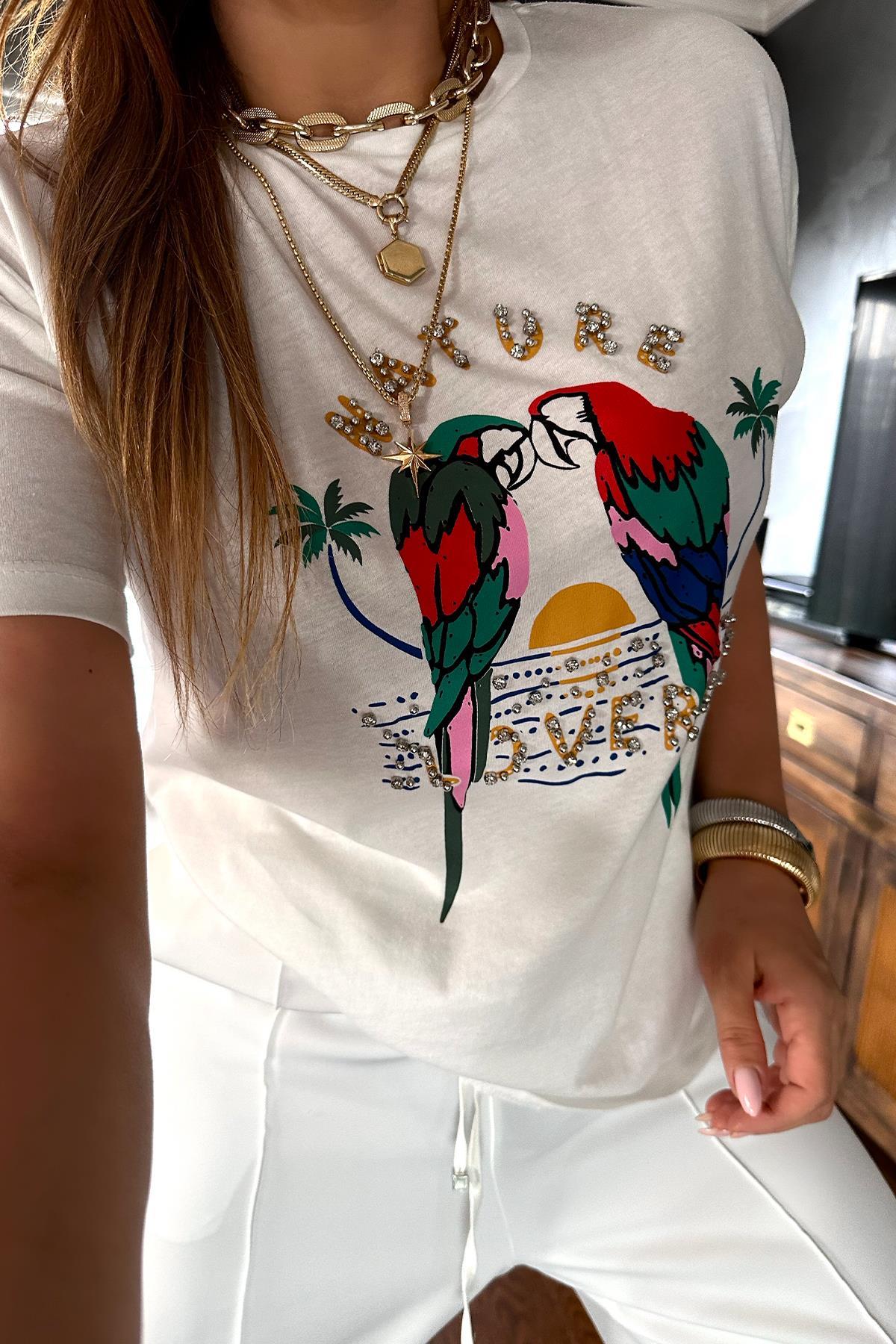 Taşlı Papağan Tshirt Ekru