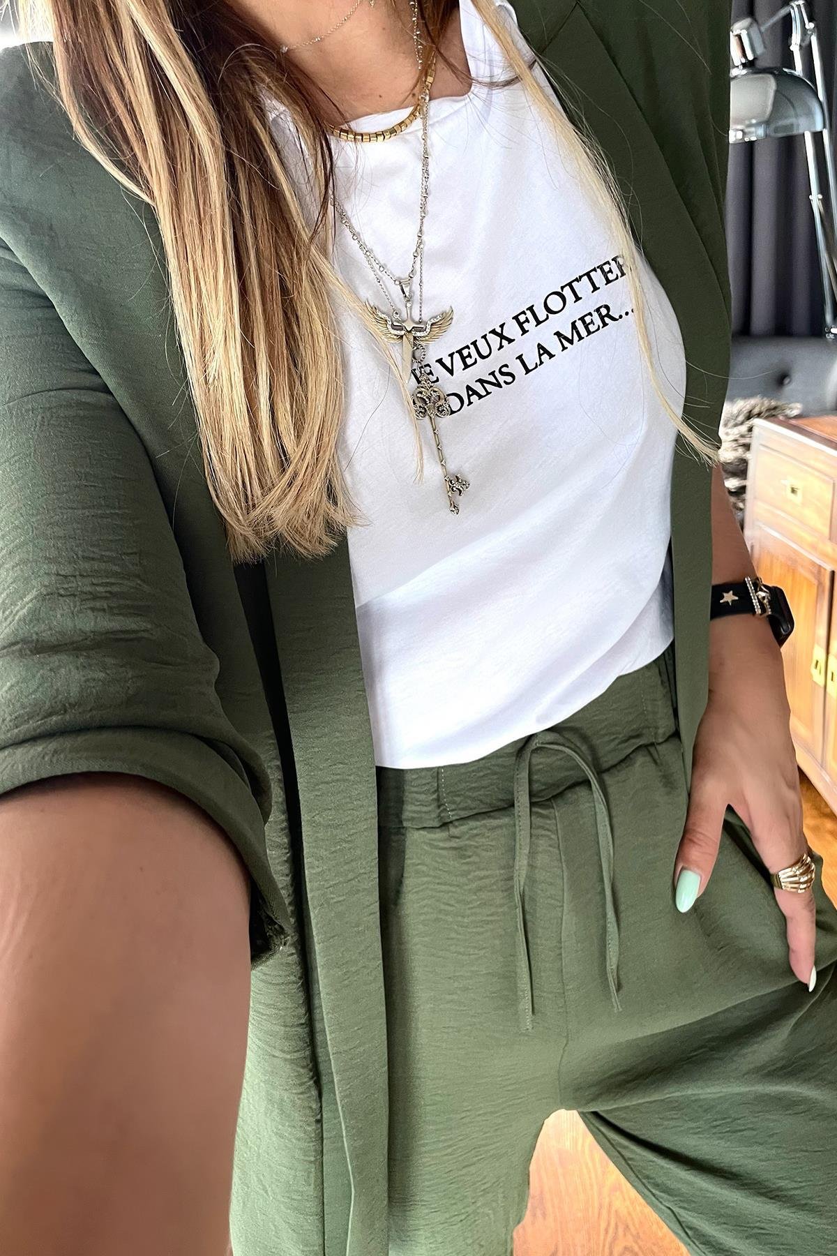 Taşlı Vatkalı Tshirt Beyaz