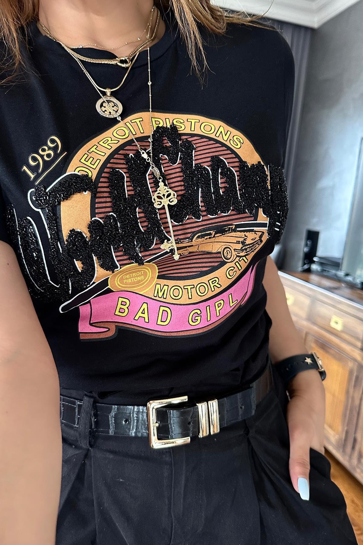 Taşlı Yazılı Tshirt Siyah