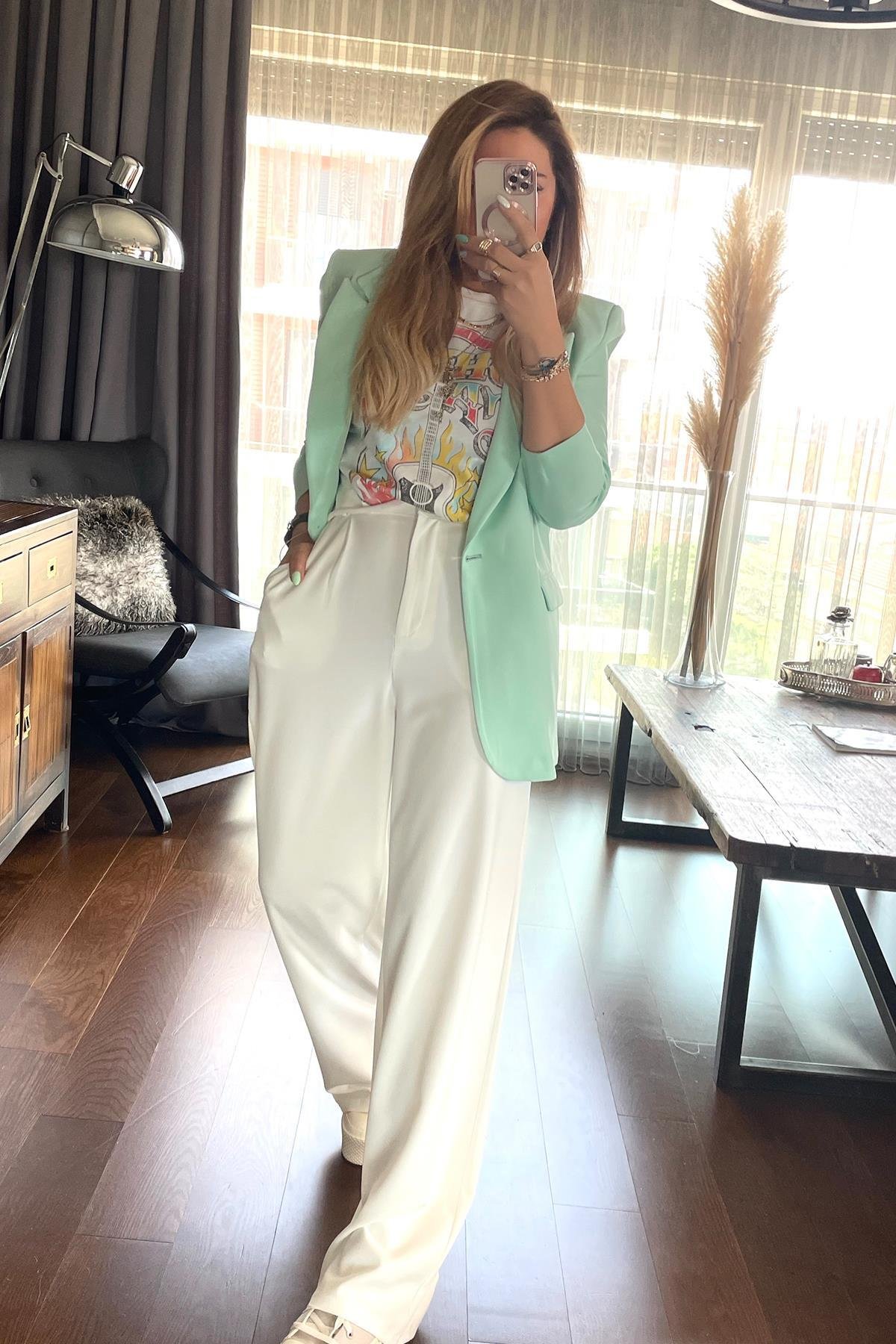 Tek Düğme Blazer Ceket Mint Yeşili