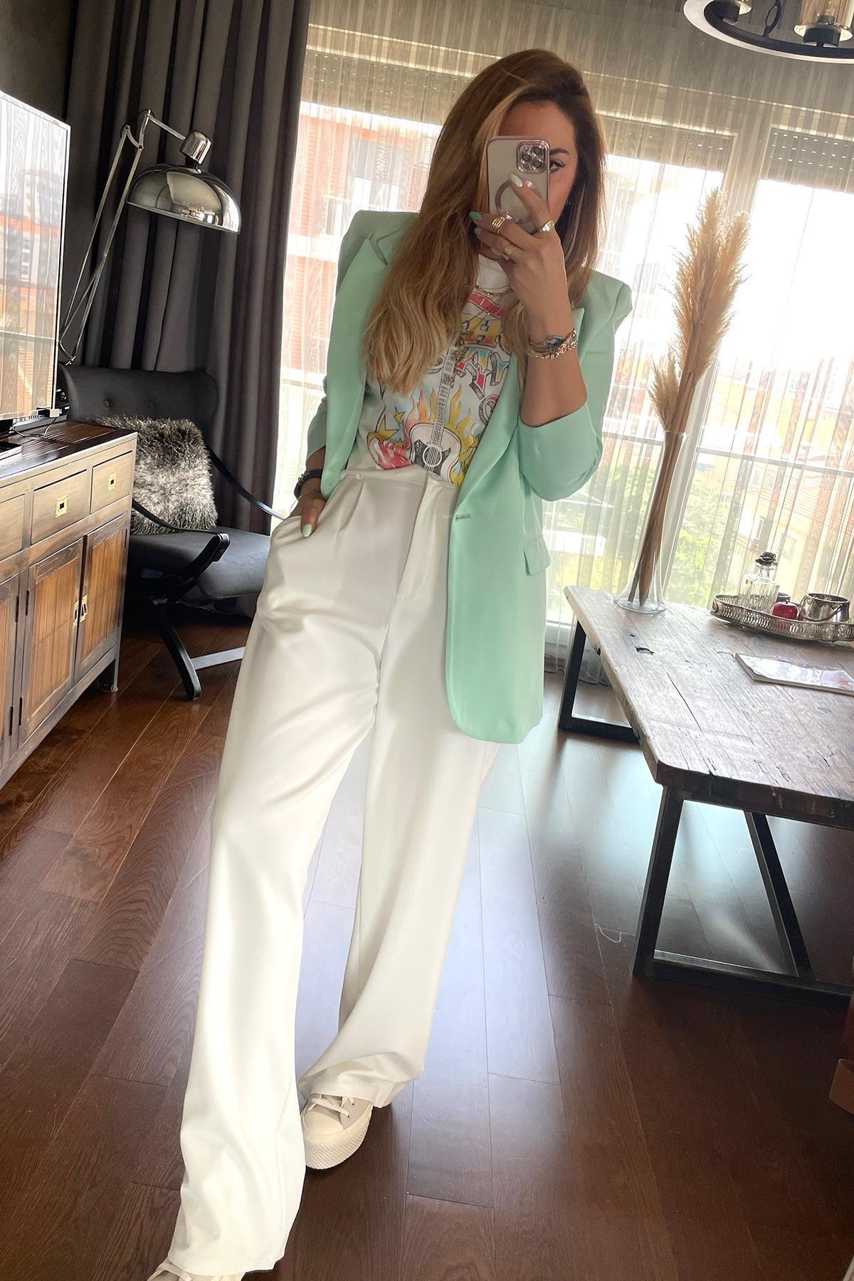 Tek Düğme Blazer Ceket Mint Yeşili