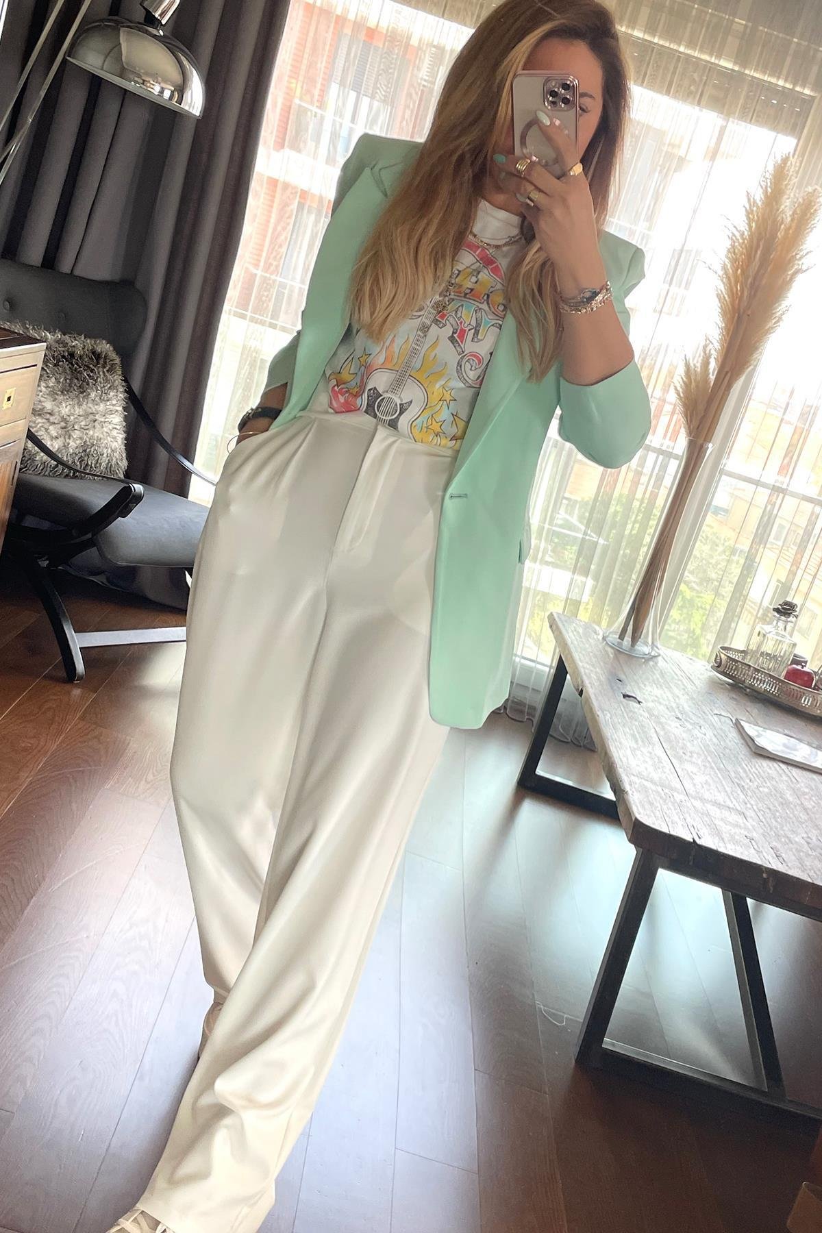 Tek Düğme Blazer Ceket Mint Yeşili