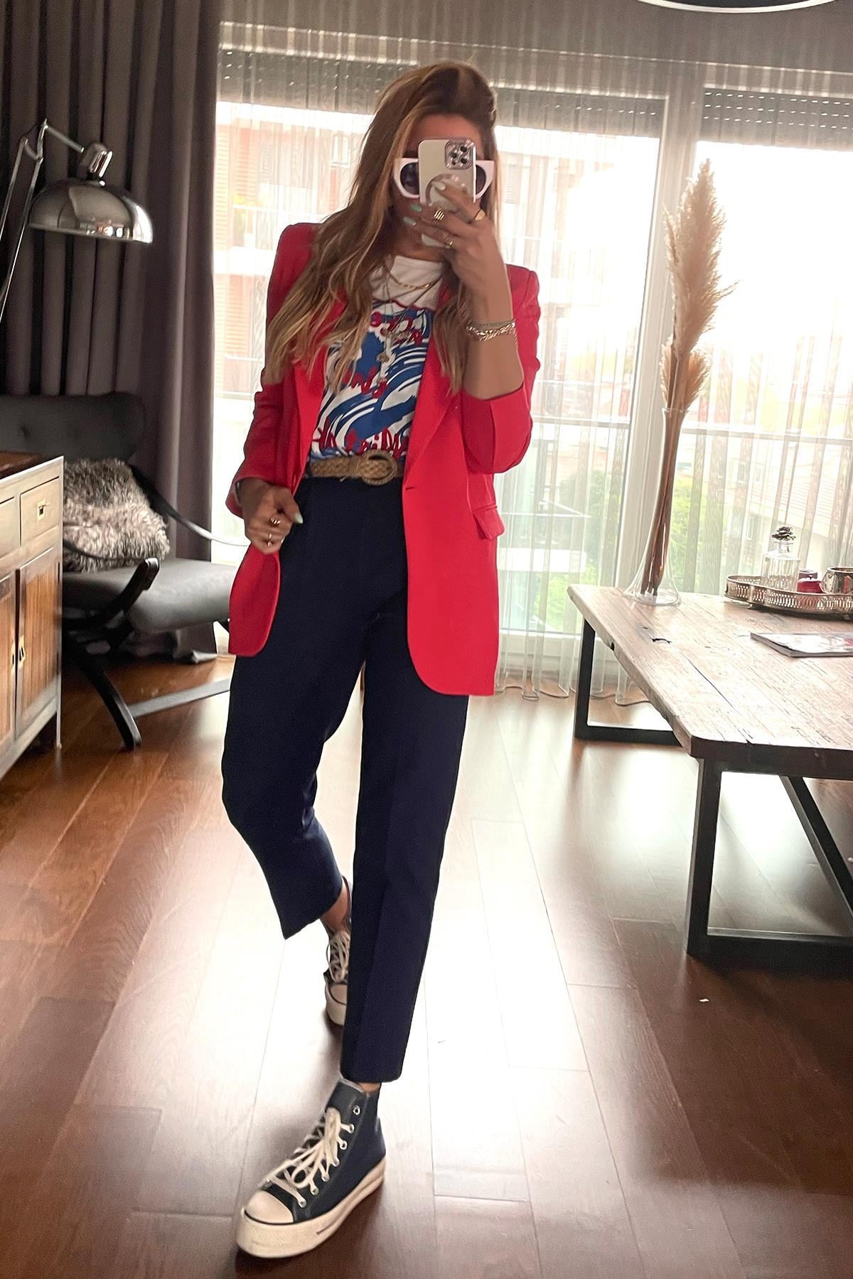 Tek Düğme Blazer Ceket Nar Çiçeği