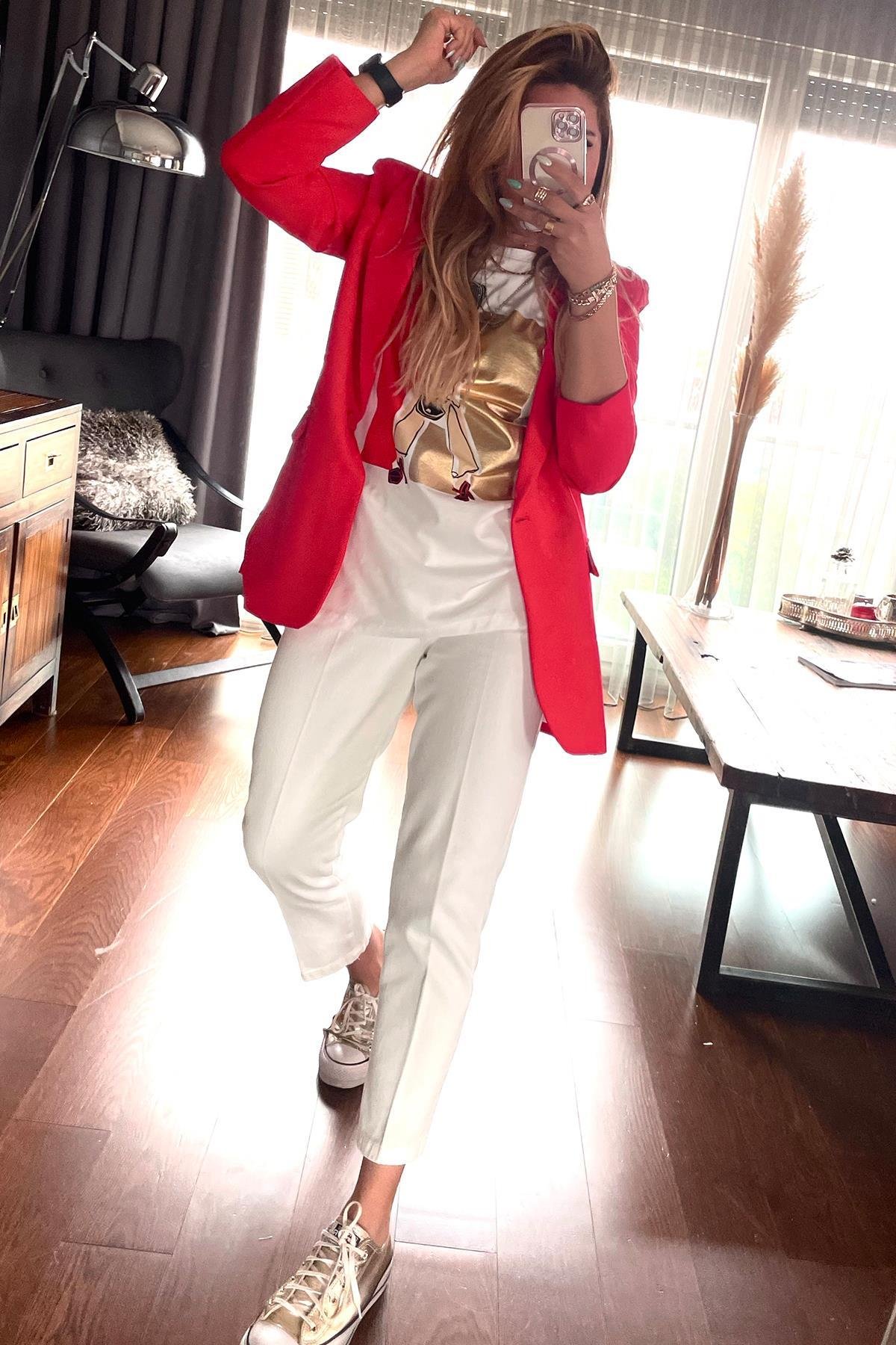 Tek Düğme Blazer Ceket Nar Çiçeği