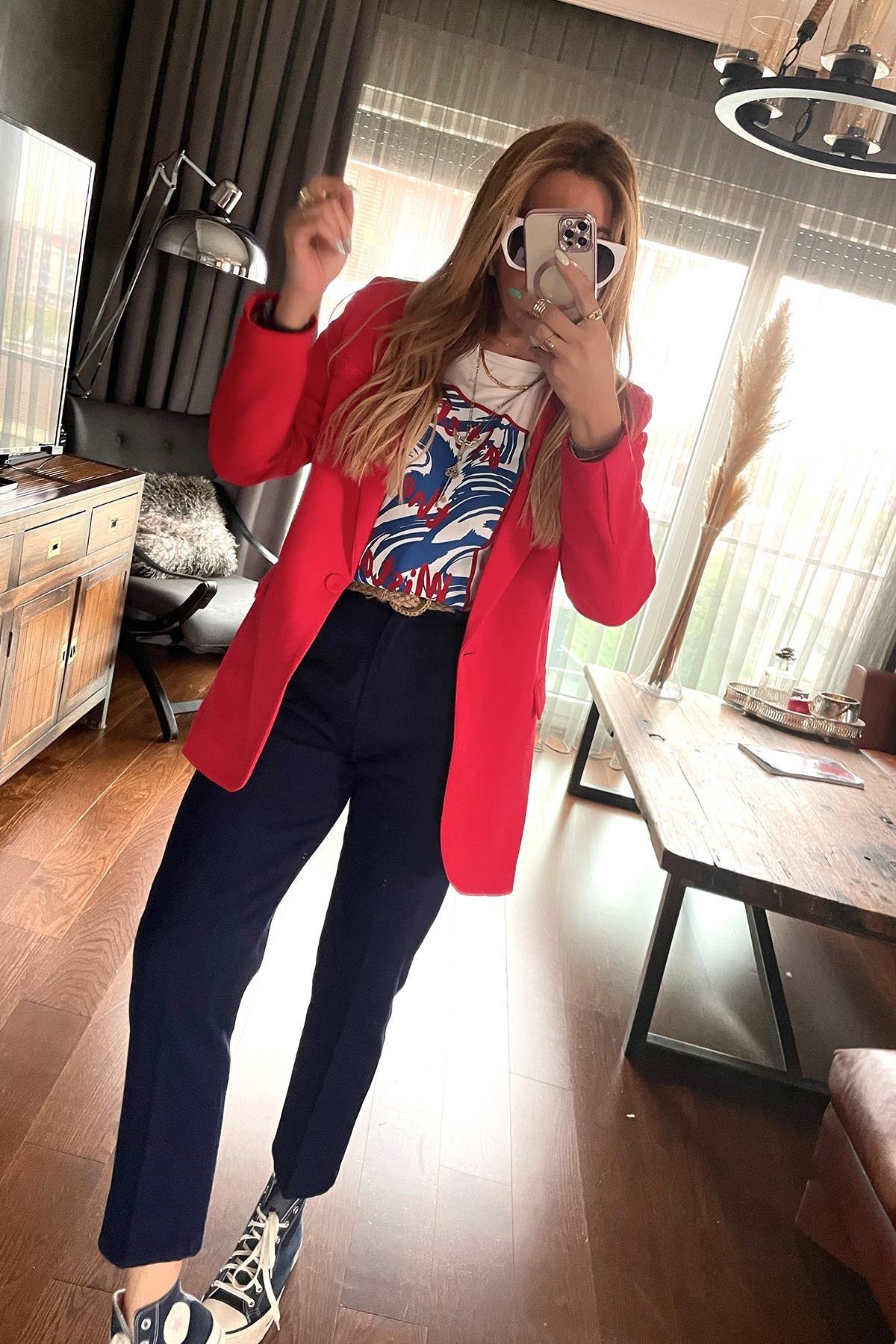 Tek Düğme Blazer Ceket Nar Çiçeği