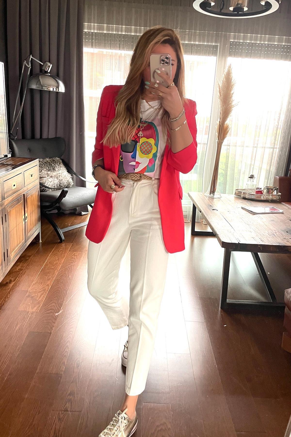 Tek Düğme Blazer Ceket Nar Çiçeği