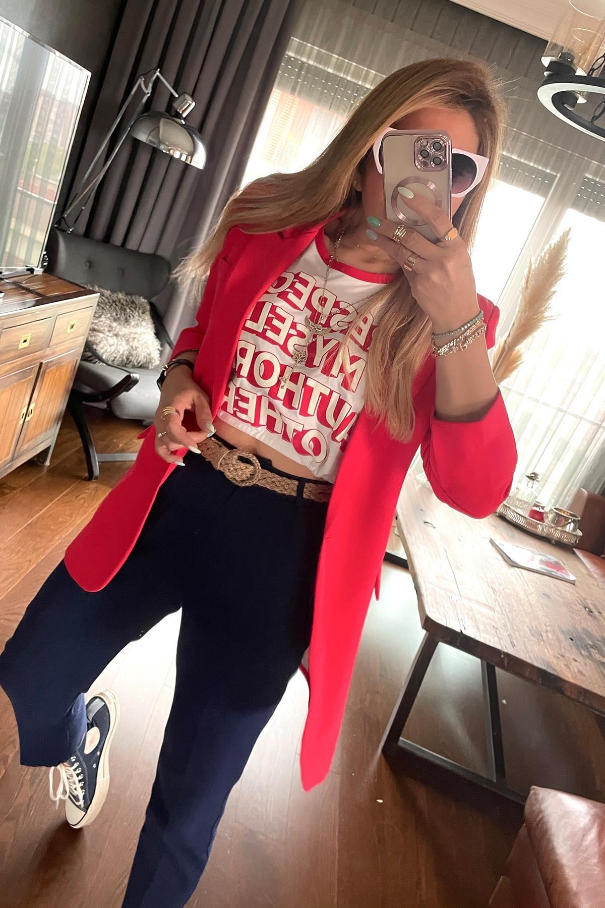 Tek Düğme Blazer Ceket Nar Çiçeği