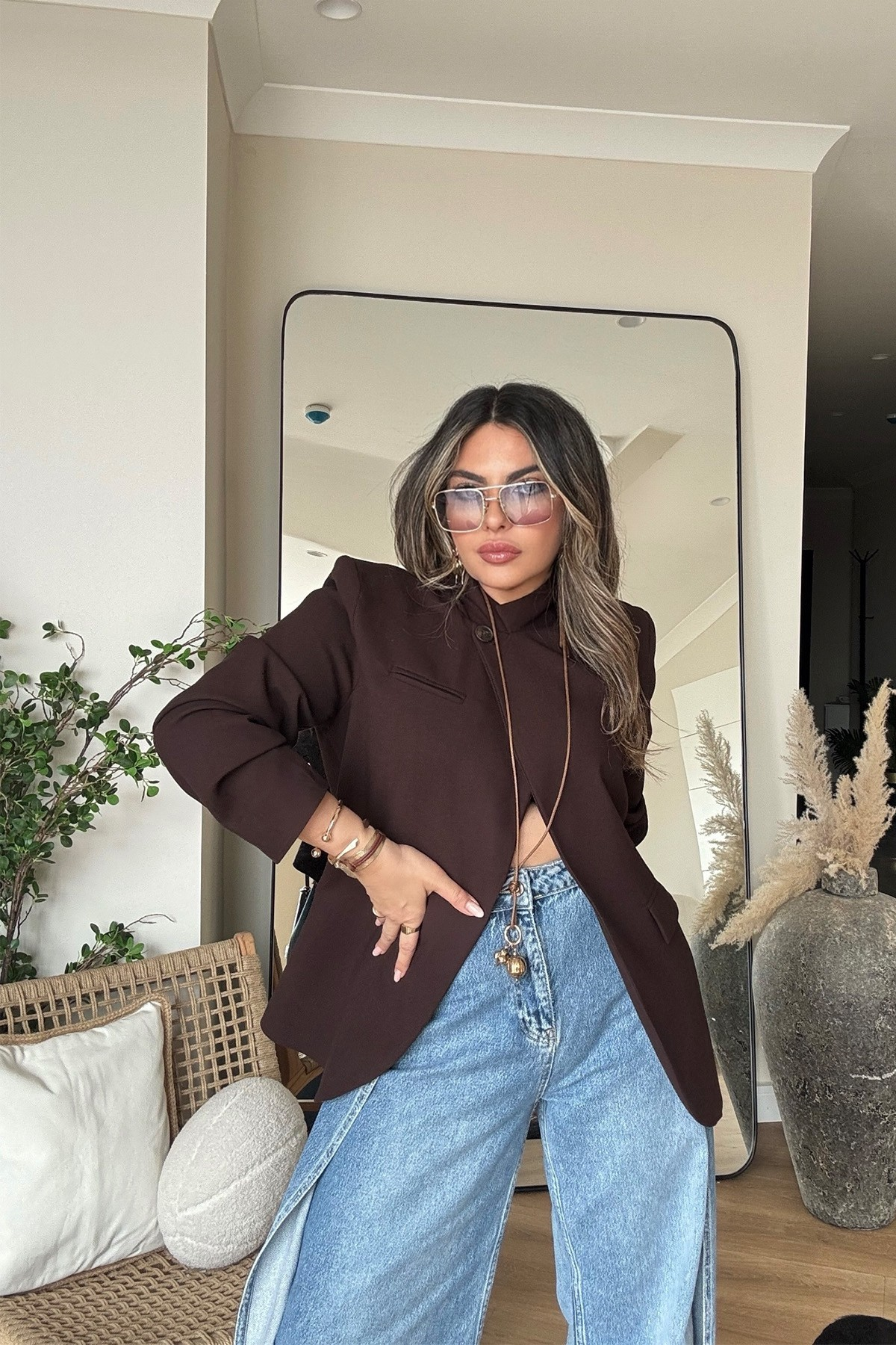 Tek Düğme Tasarım Ceket Acı Kahve