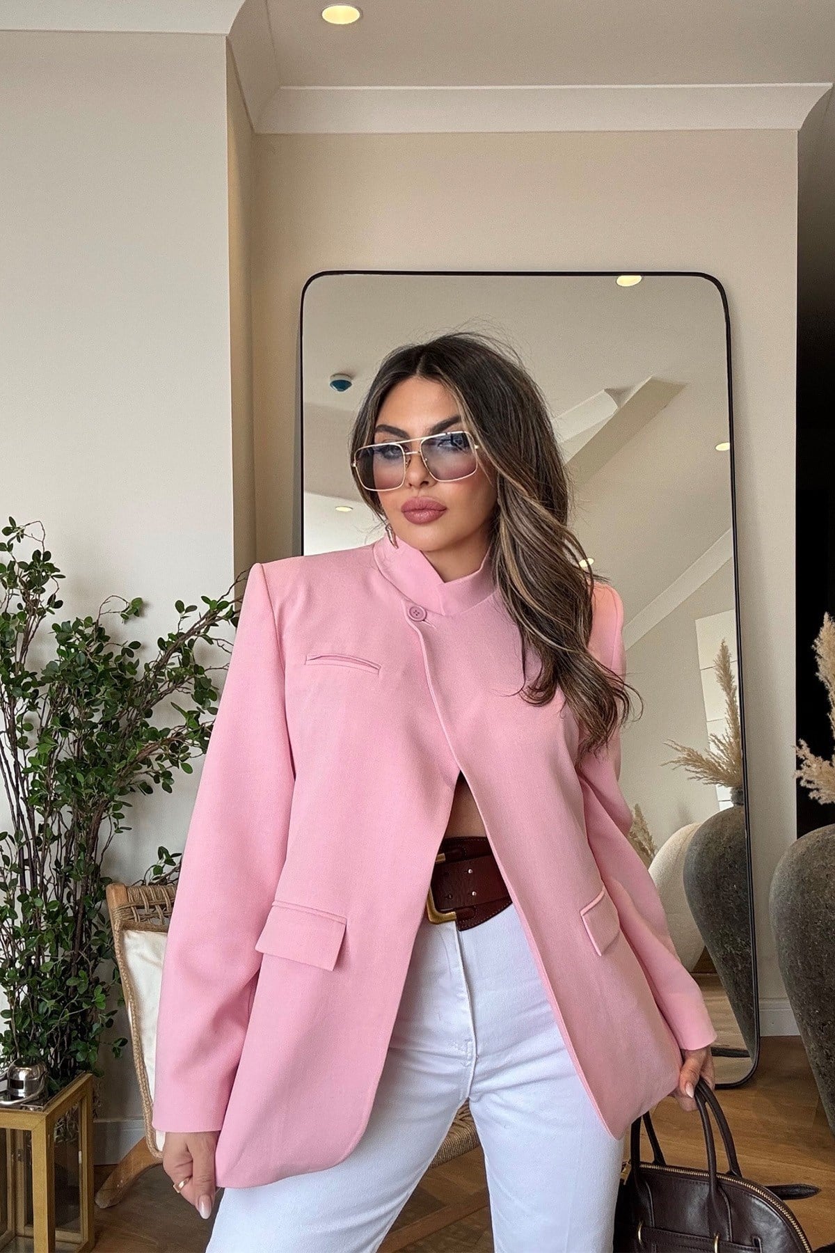 Tek Düğme Tasarım Ceket Şeker Pembe