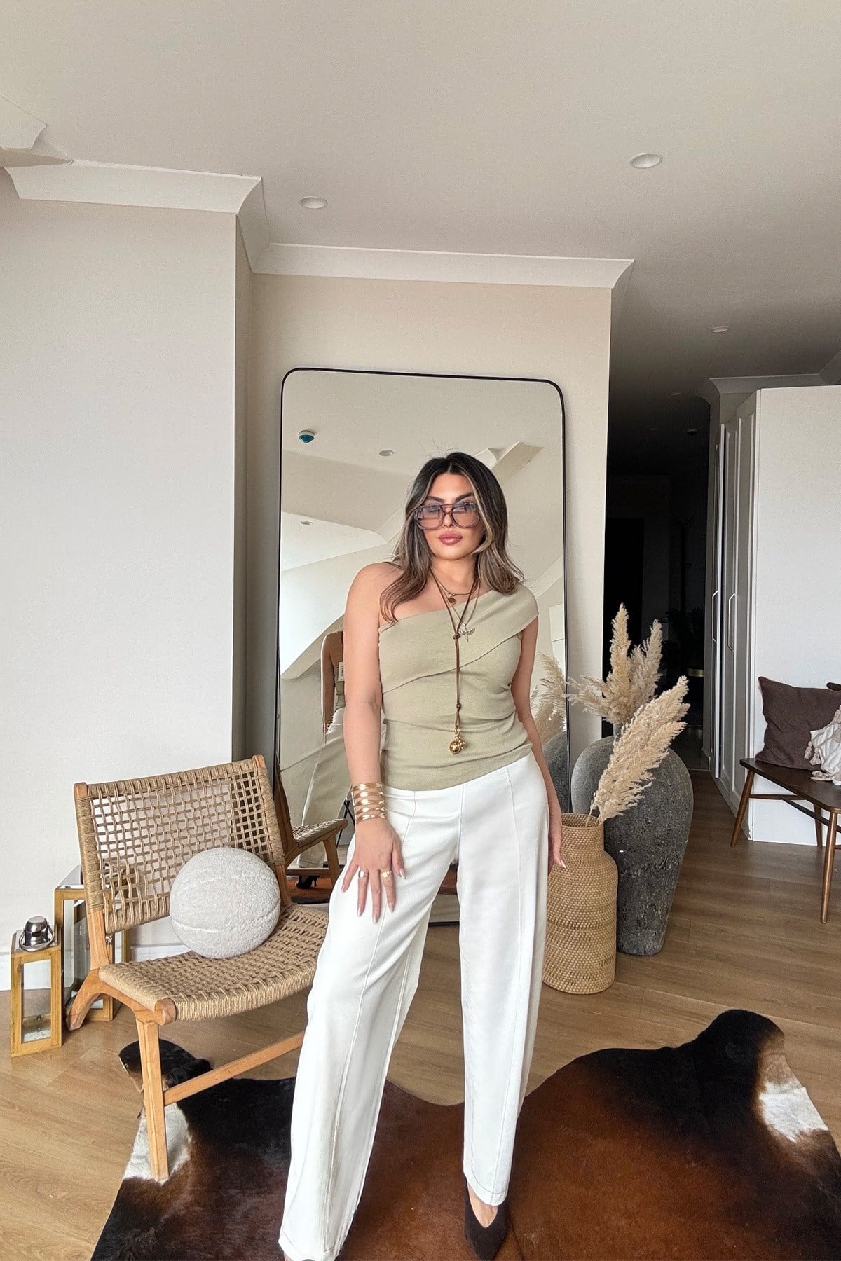 Tek Omuz Asimetrik Pamuk Bluz Açık Haki