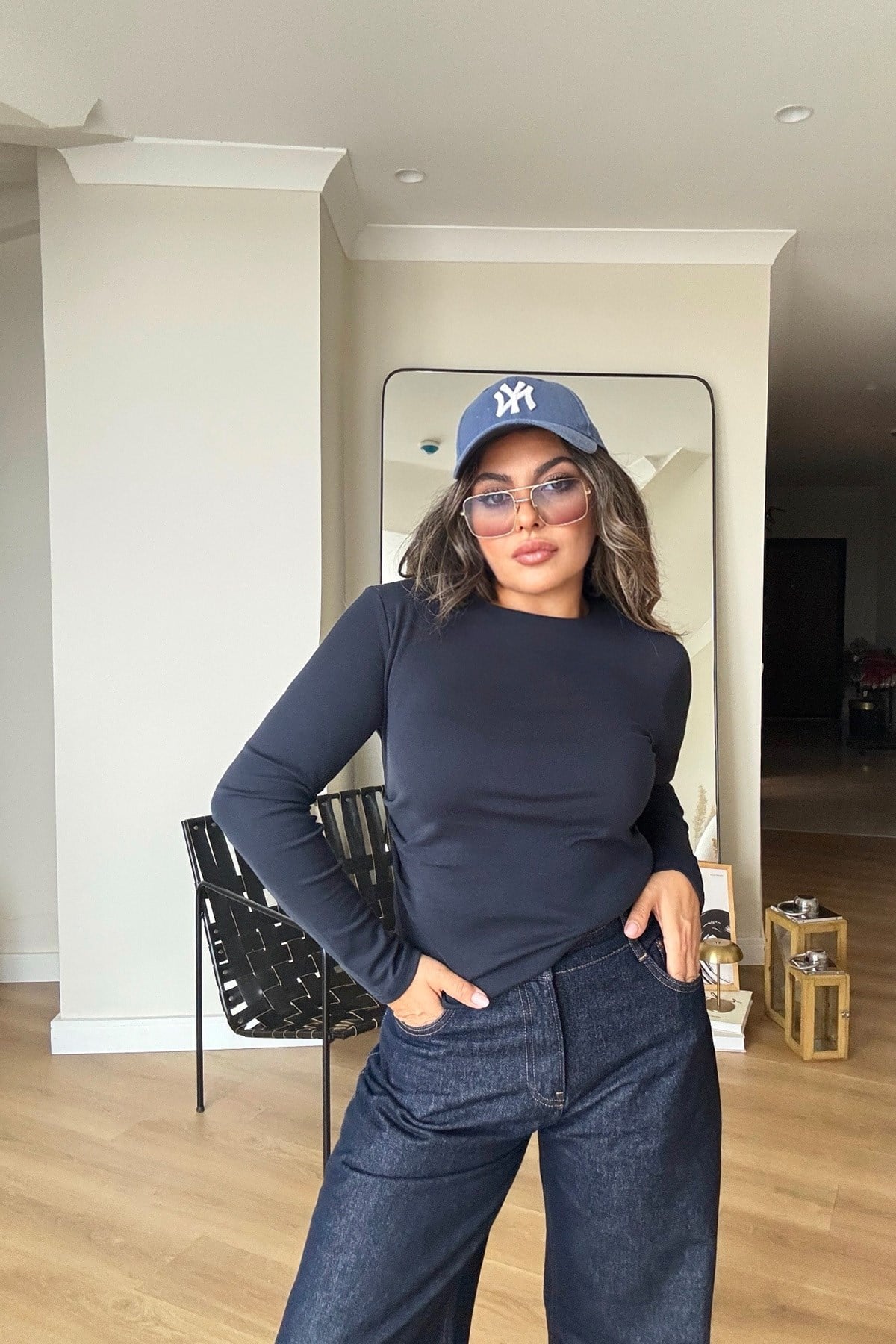 Tek Yanı Büzgülü Basic Body Lacivert