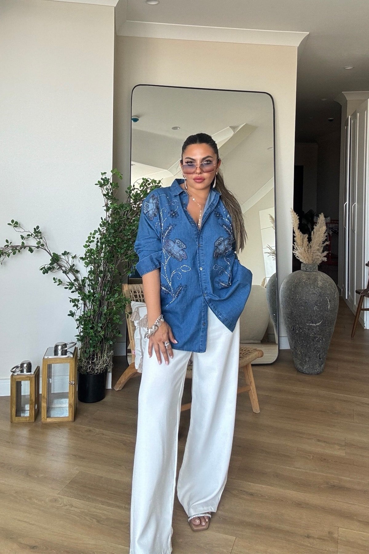 Tencel Denim Boncuk İşlemeli Gömlek Koyu Mavi