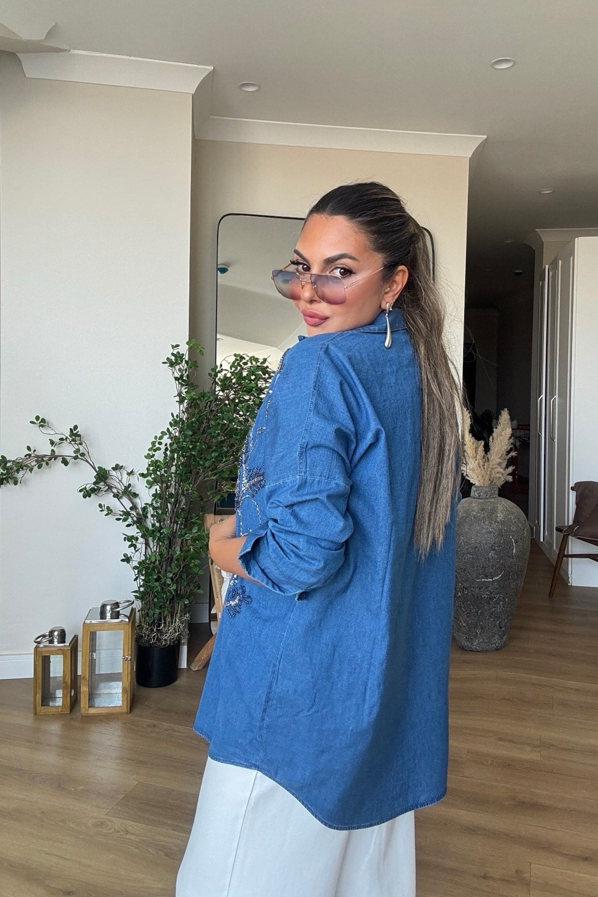 Tencel Denim Boncuk İşlemeli Gömlek Koyu Mavi