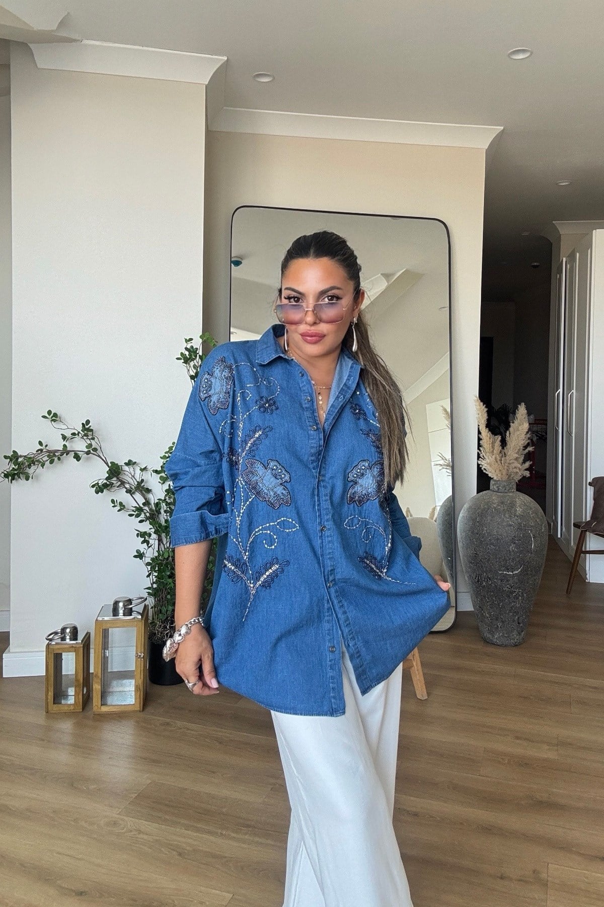 Tencel Denim Boncuk İşlemeli Gömlek Koyu Mavi