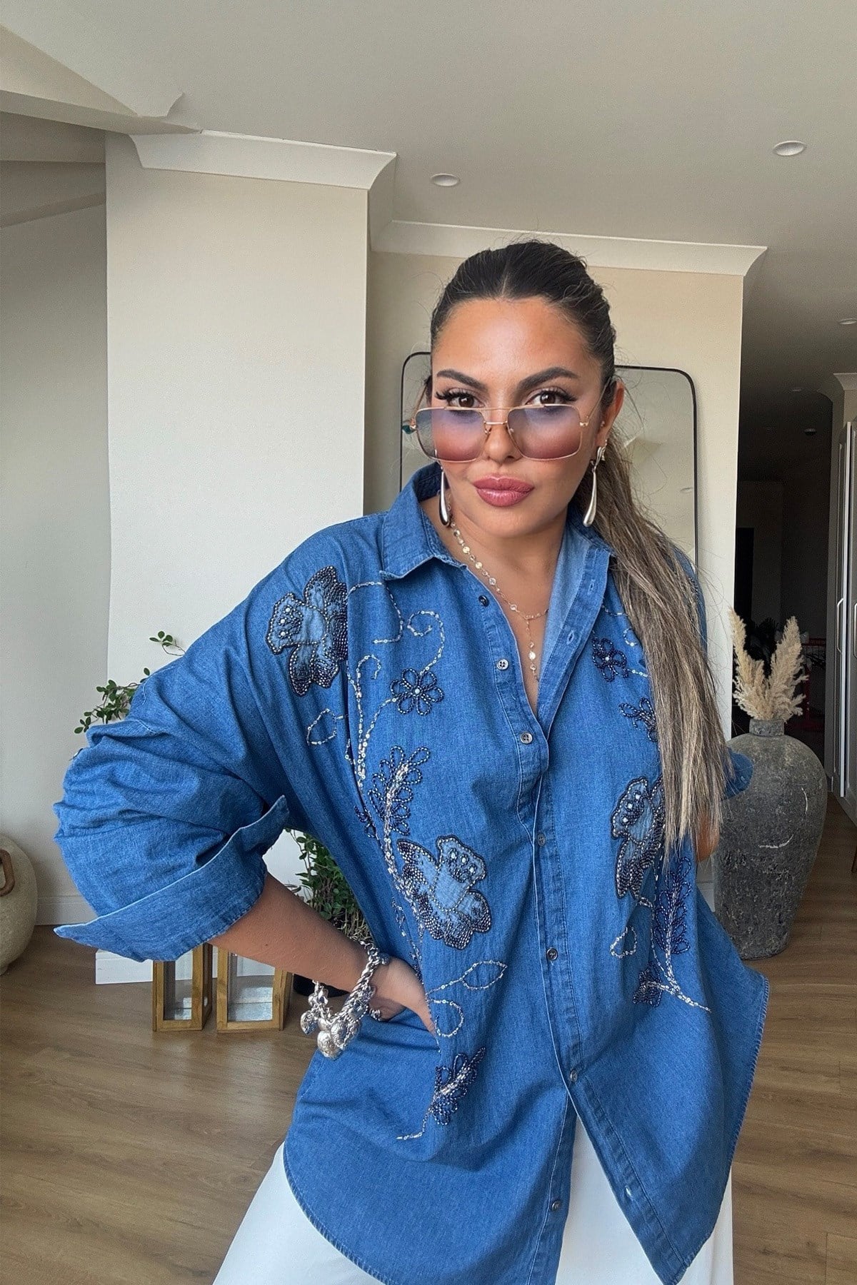 Tencel Denim Boncuk İşlemeli Gömlek Koyu Mavi