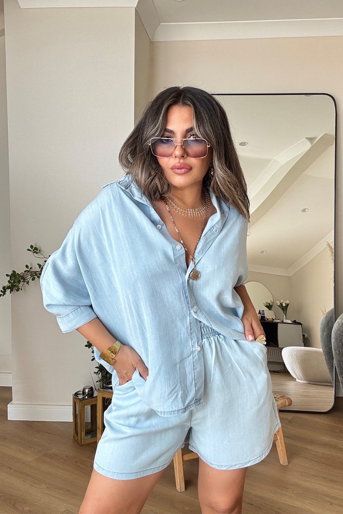 Tencel Denim Şortlu Takım Açık Mavi