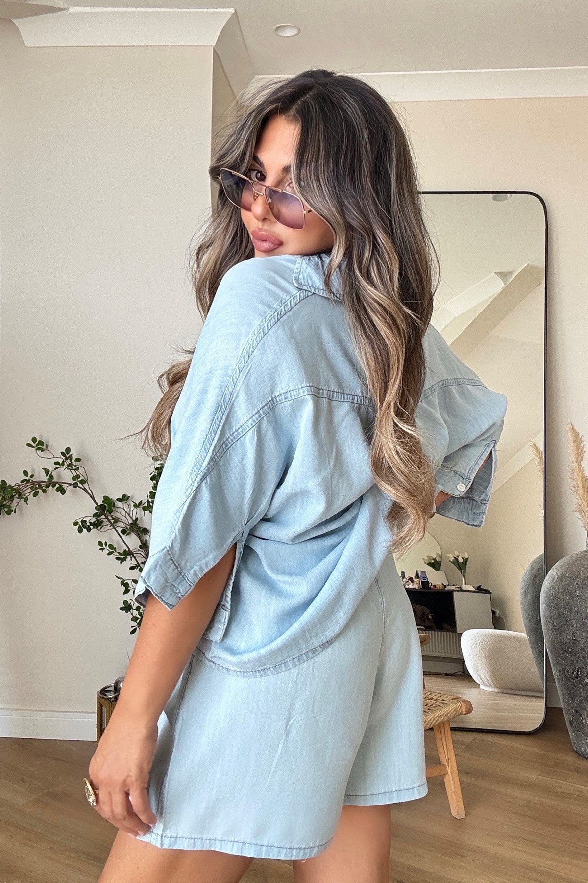 Tencel Denim Şortlu Takım Açık Mavi