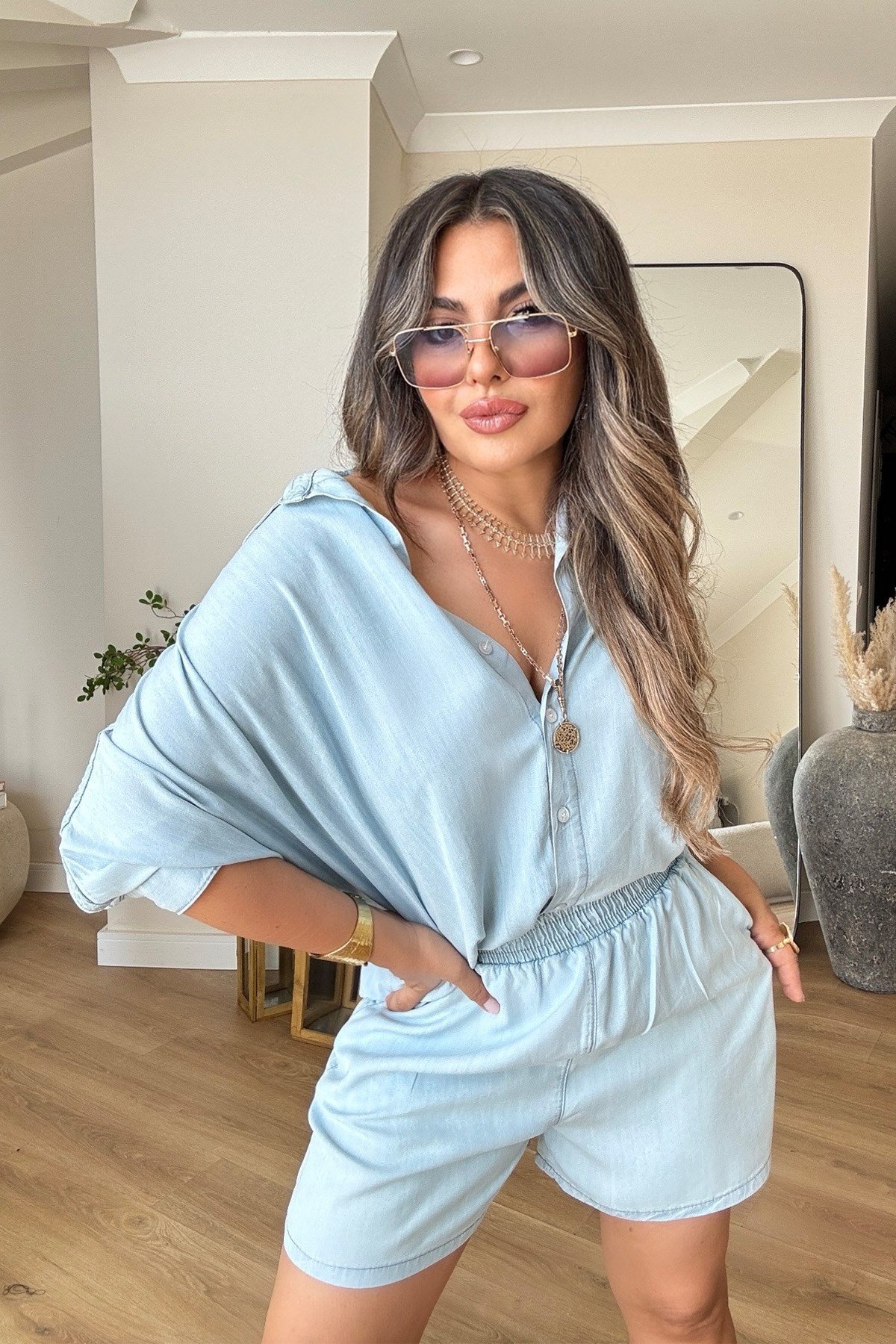 Tencel Denim Şortlu Takım Açık Mavi