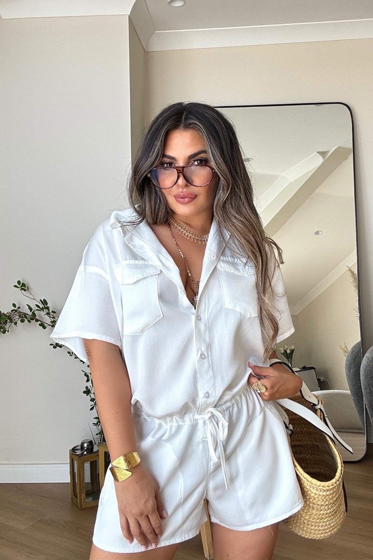 Tencel Denim Şortlu Tulum Ekru