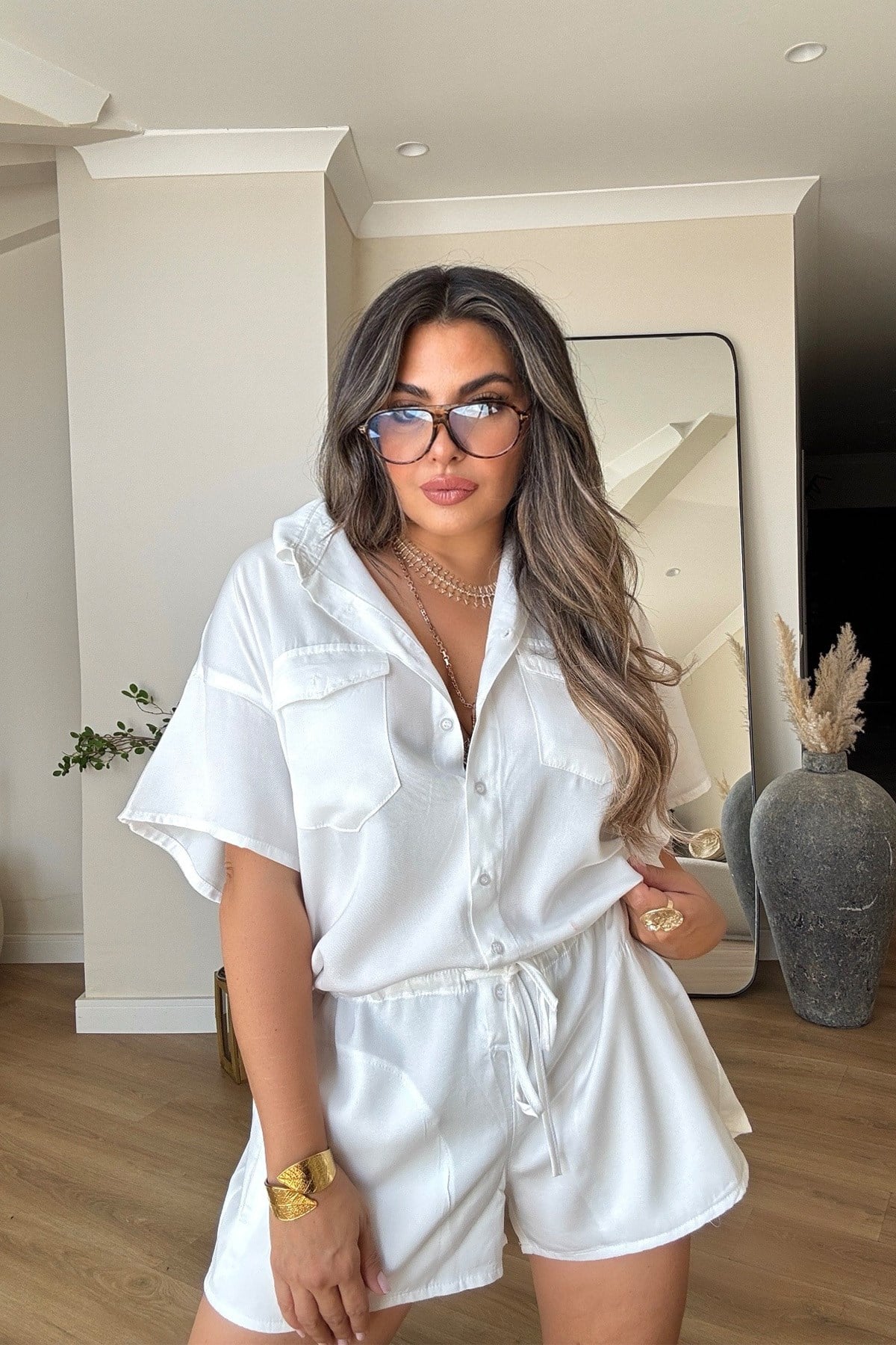 Tencel Denim Şortlu Tulum Ekru