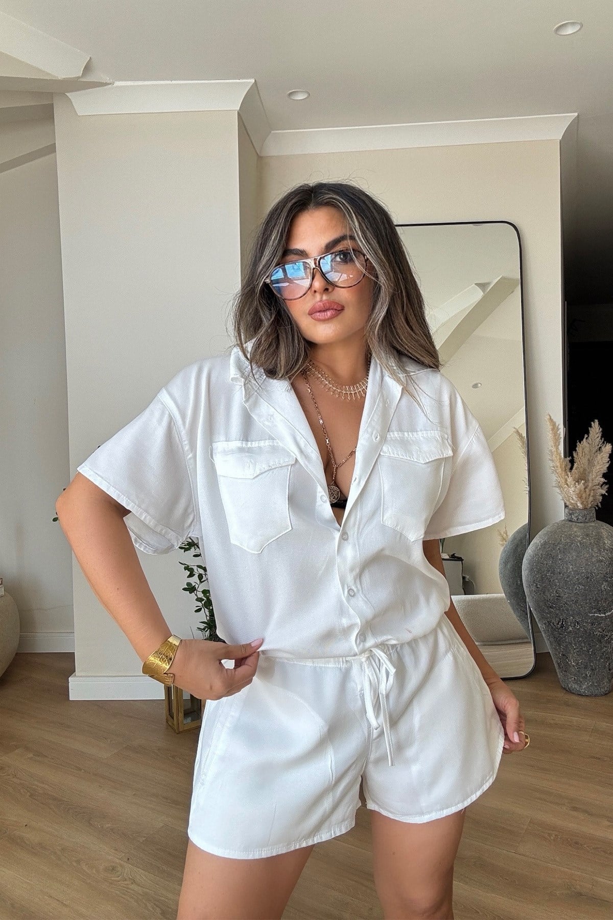 Tencel Denim Şortlu Tulum Ekru