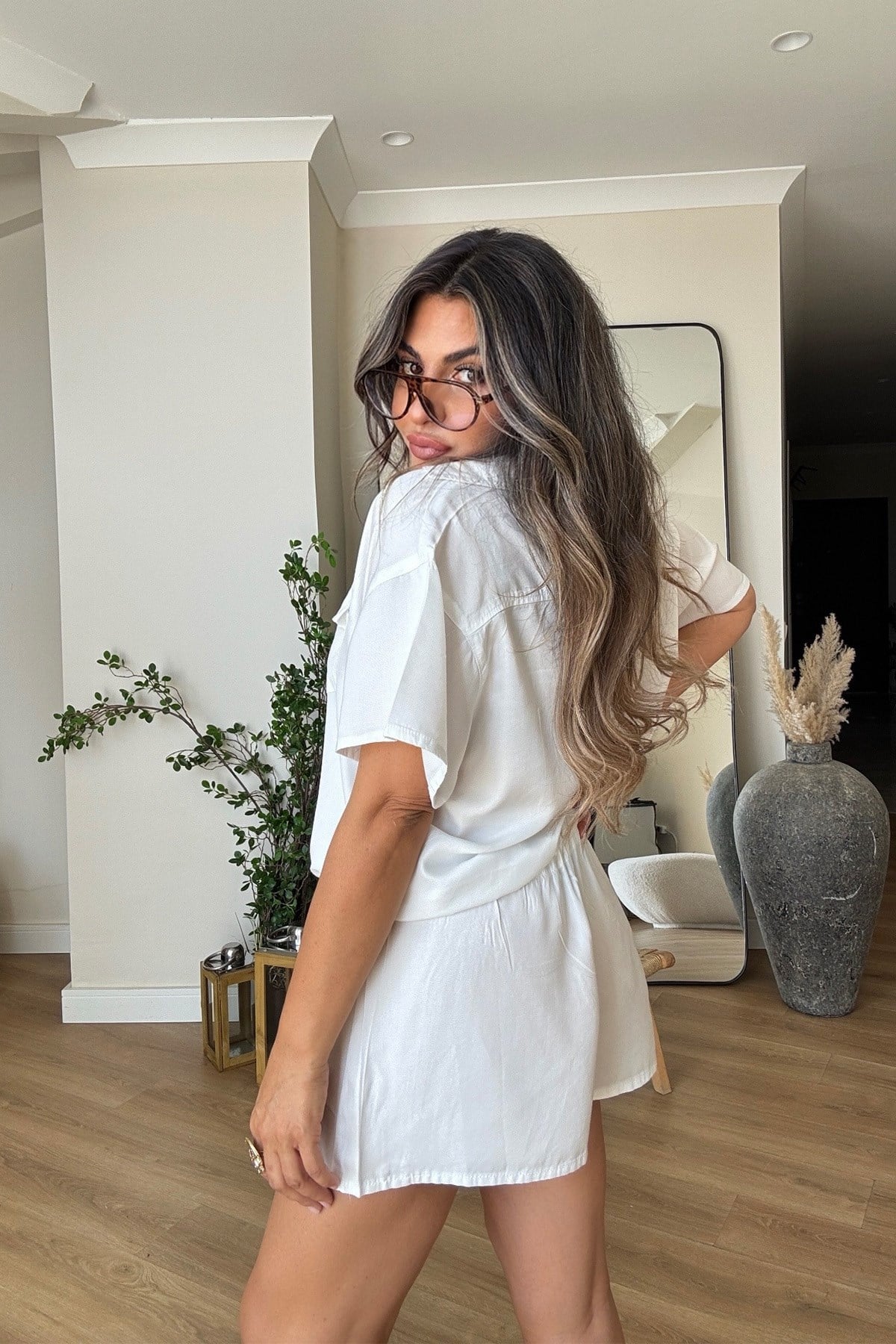 Tencel Denim Şortlu Tulum Ekru