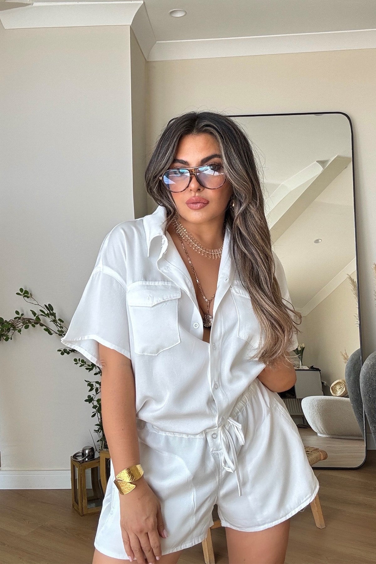 Tencel Denim Şortlu Tulum Ekru