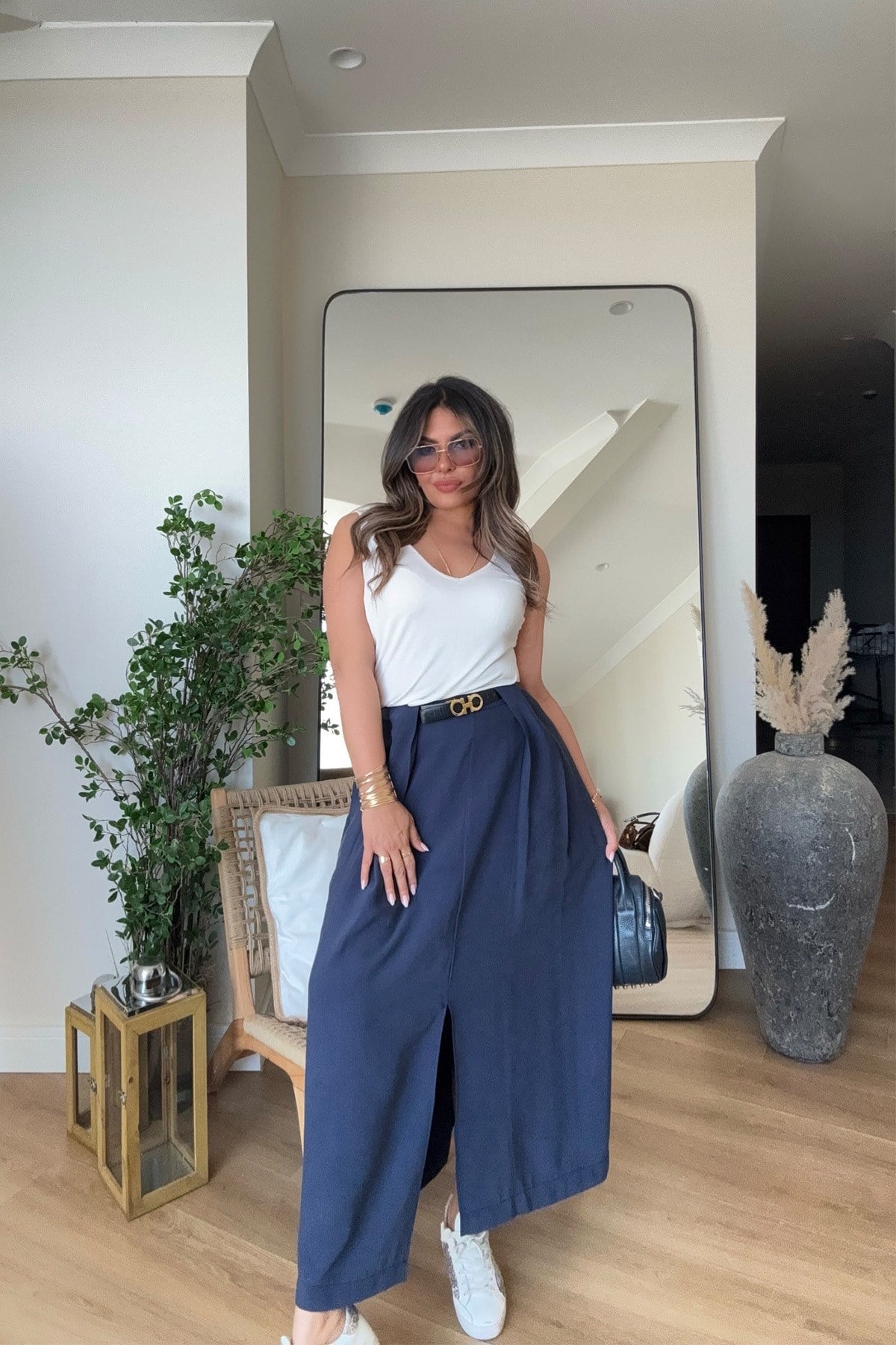 Tencel Kumaş Bel Detaylı Yırtmaçlı Etek Lacivert