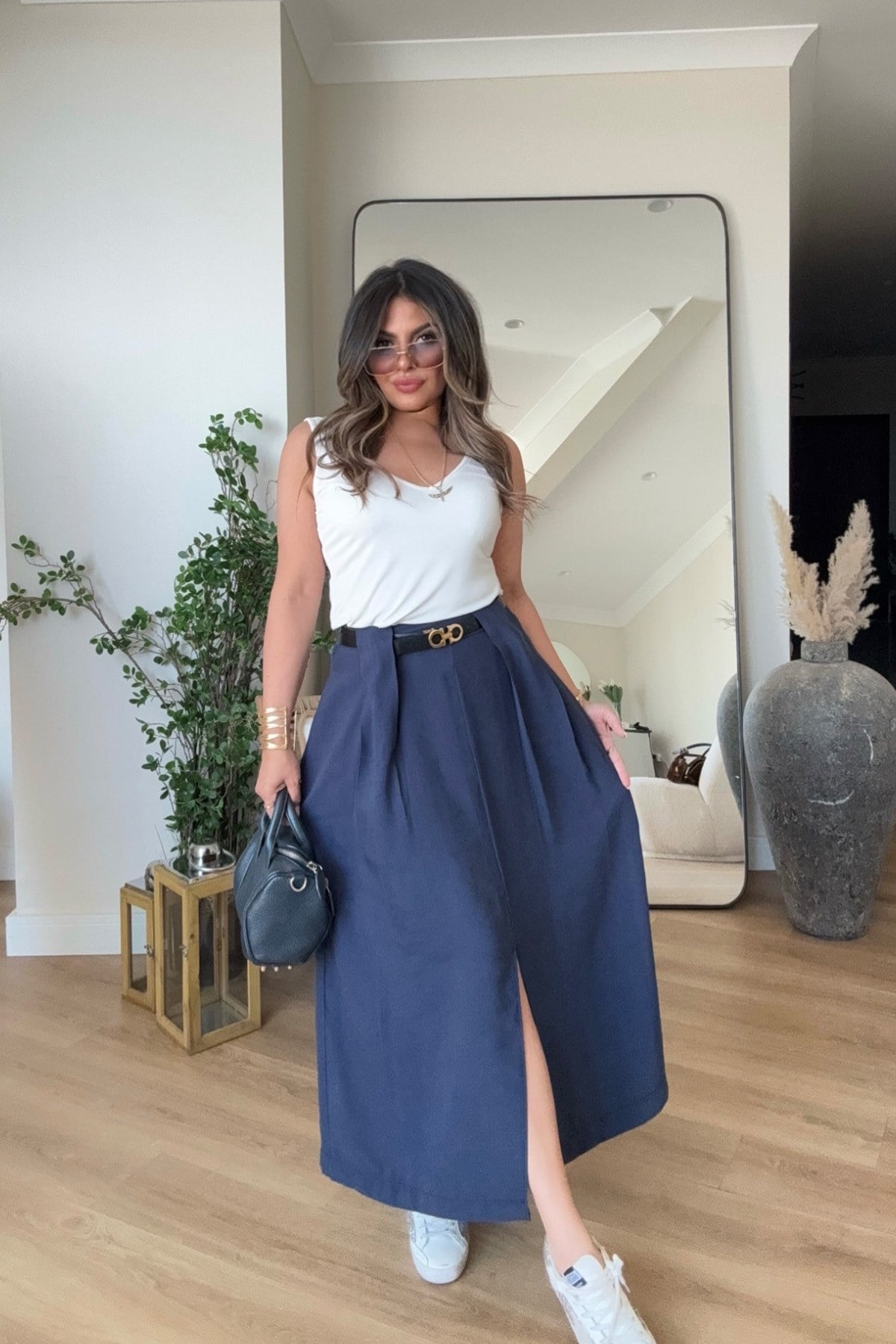 Tencel Kumaş Bel Detaylı Yırtmaçlı Etek Lacivert