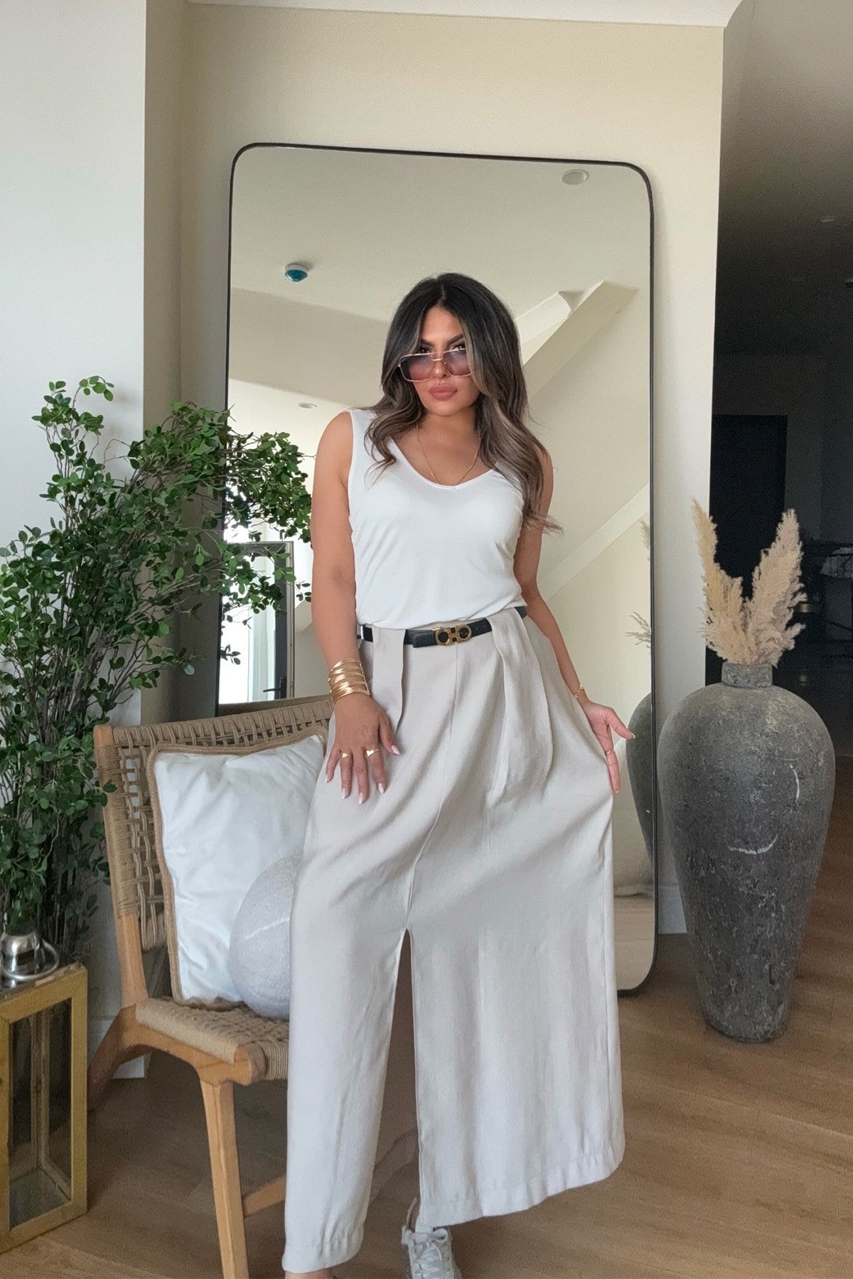 Tencel Kumaş Bel Detaylı Yırtmaçlı Etek Taş