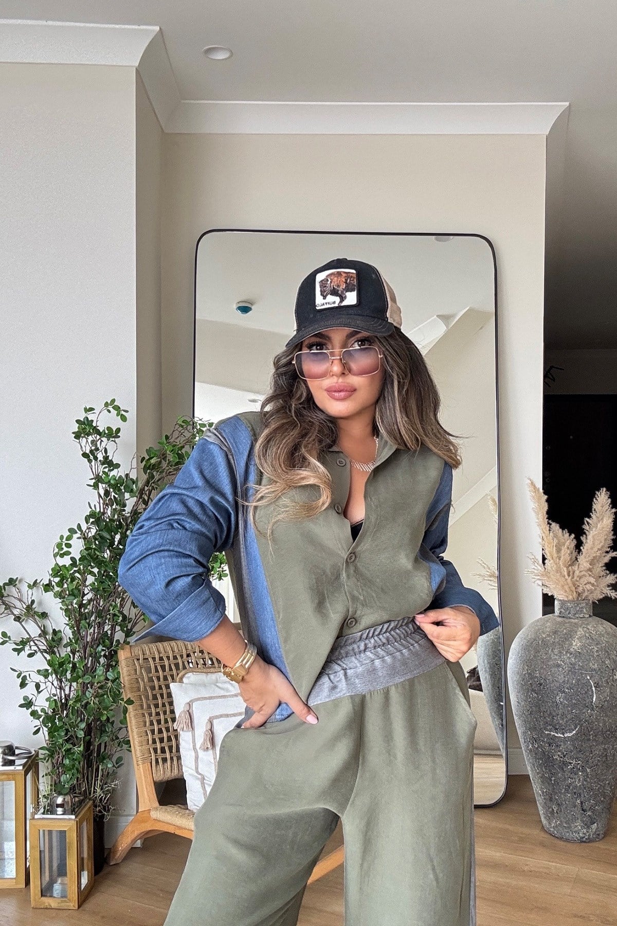 Tencel Kumaş Denim Garnili Takım Haki