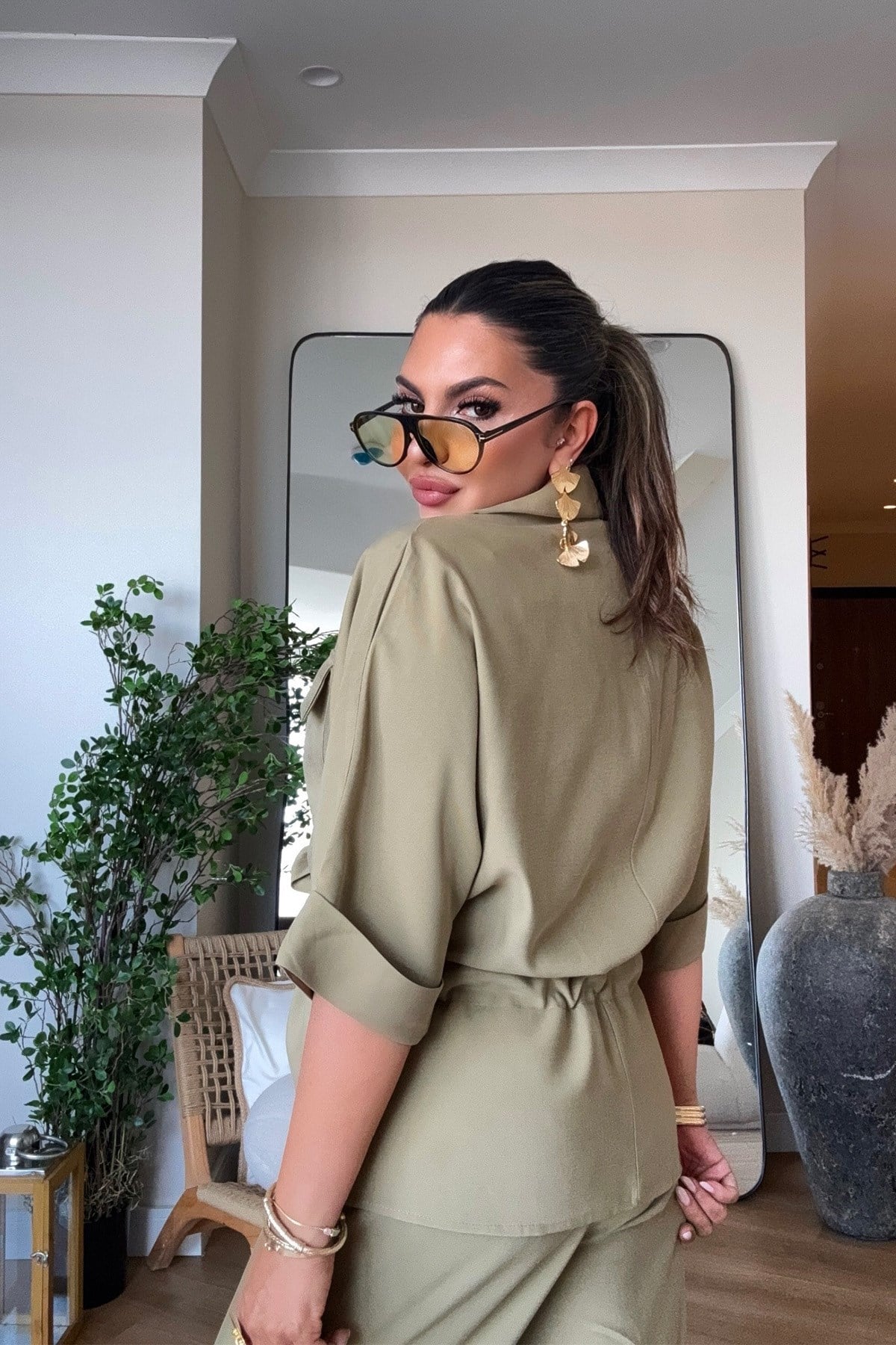 Tencel Kumaş Fermuarlı Takım Açık Haki