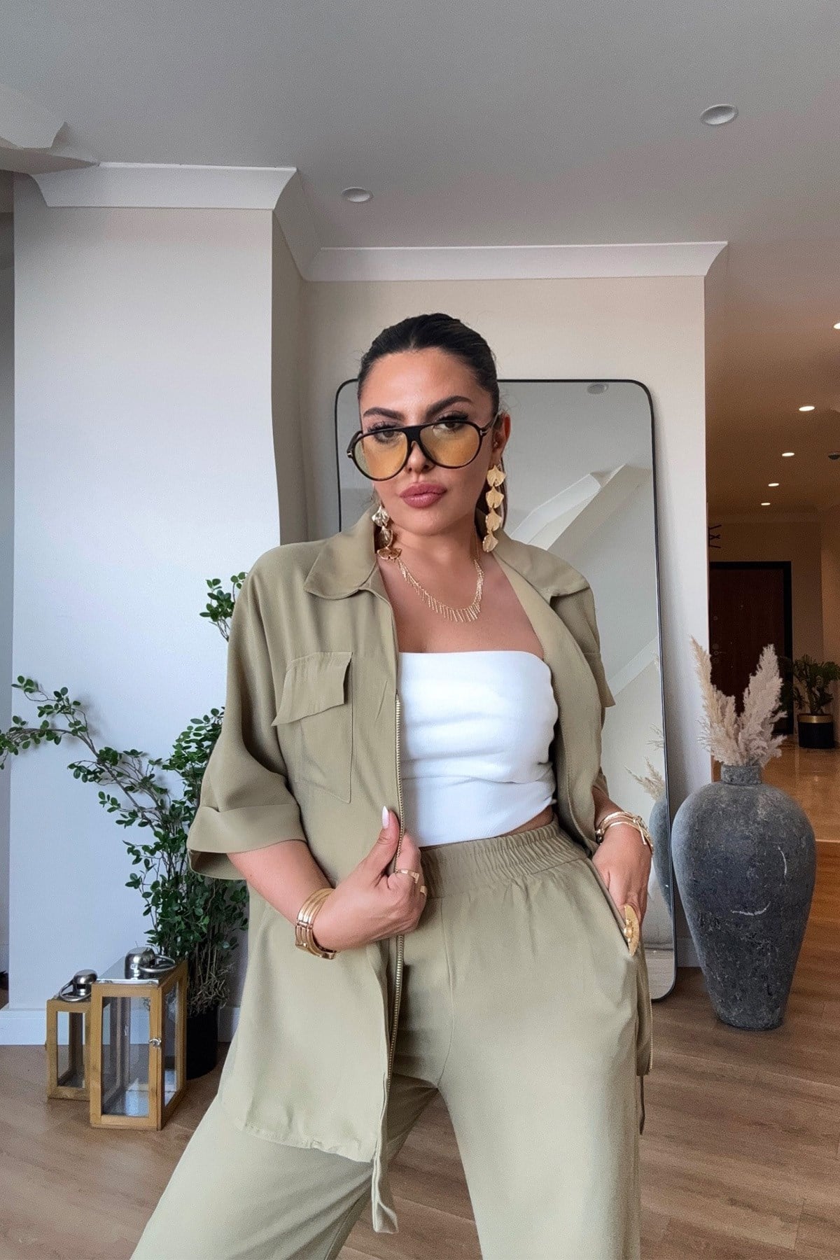 Tencel Kumaş Fermuarlı Takım Açık Haki